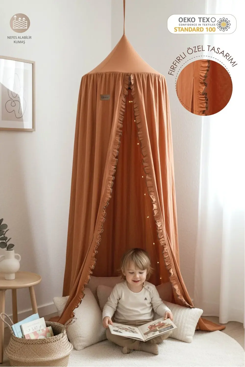 Fırfır Detaylı %100 Pamuk Kanopi Beşik ve Oyun Alanı İçin Dekorat