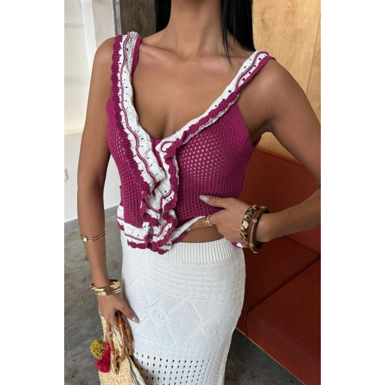 Fırfır Detaylı Uzun Etekli Lucky Life Kadın Triko Takım