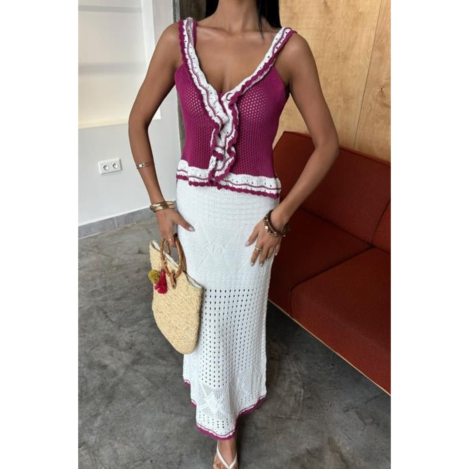 Fırfır Detaylı Uzun Etekli Lucky Life Kadın Triko Takım