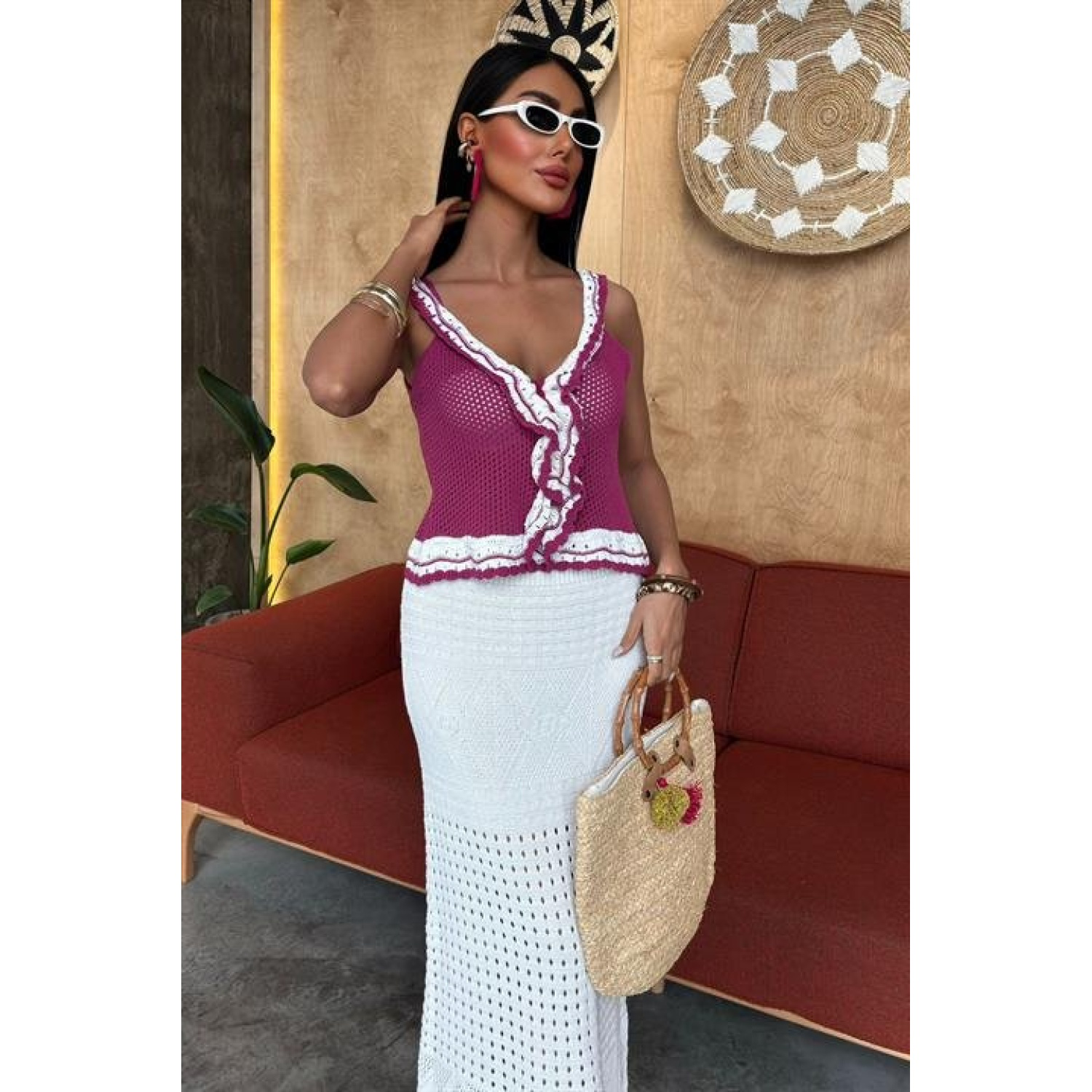 Fırfır Detaylı Uzun Etekli Lucky Life Kadın Triko Takım