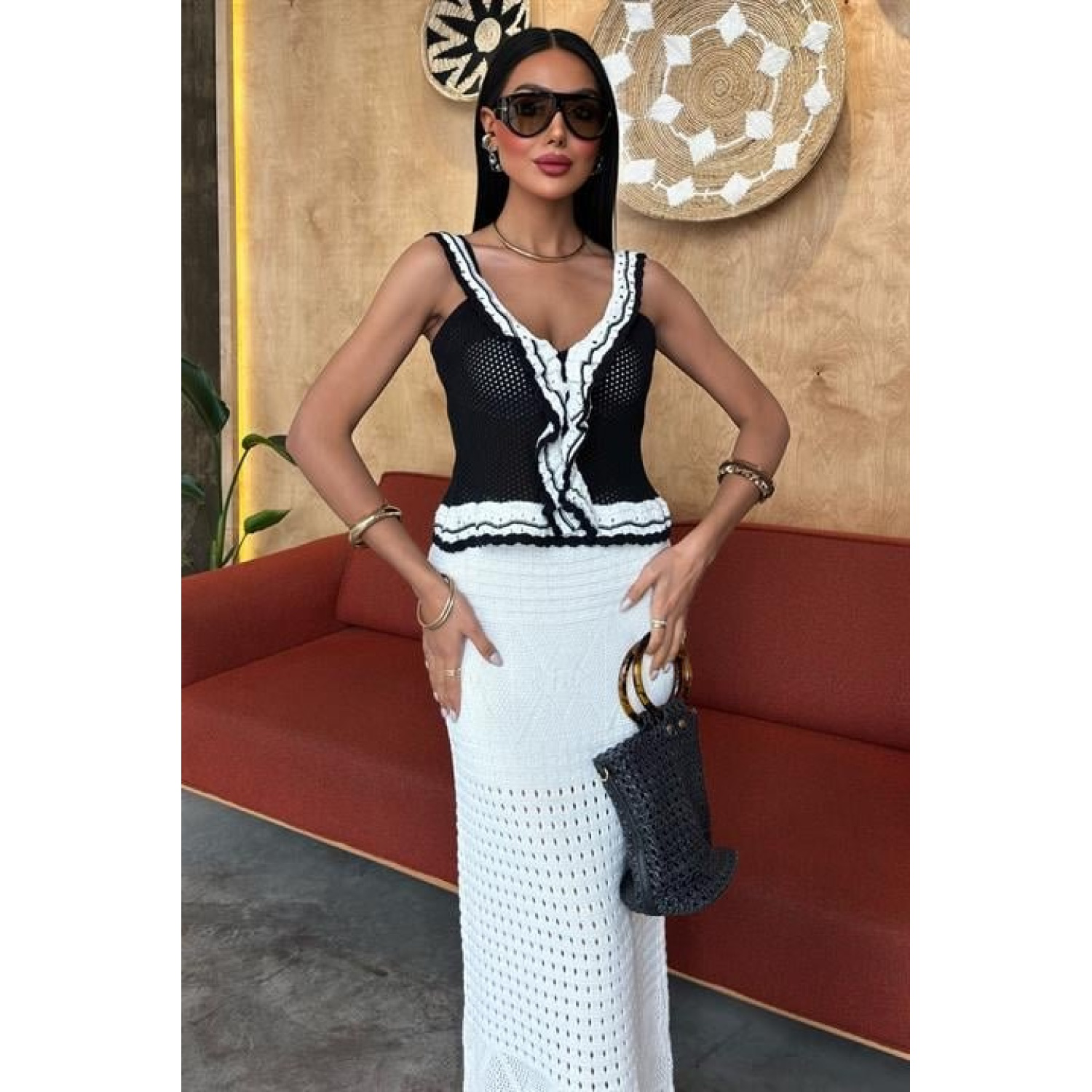 Fırfır Detaylı Uzun Etekli Lucky Life Kadın Triko Takım