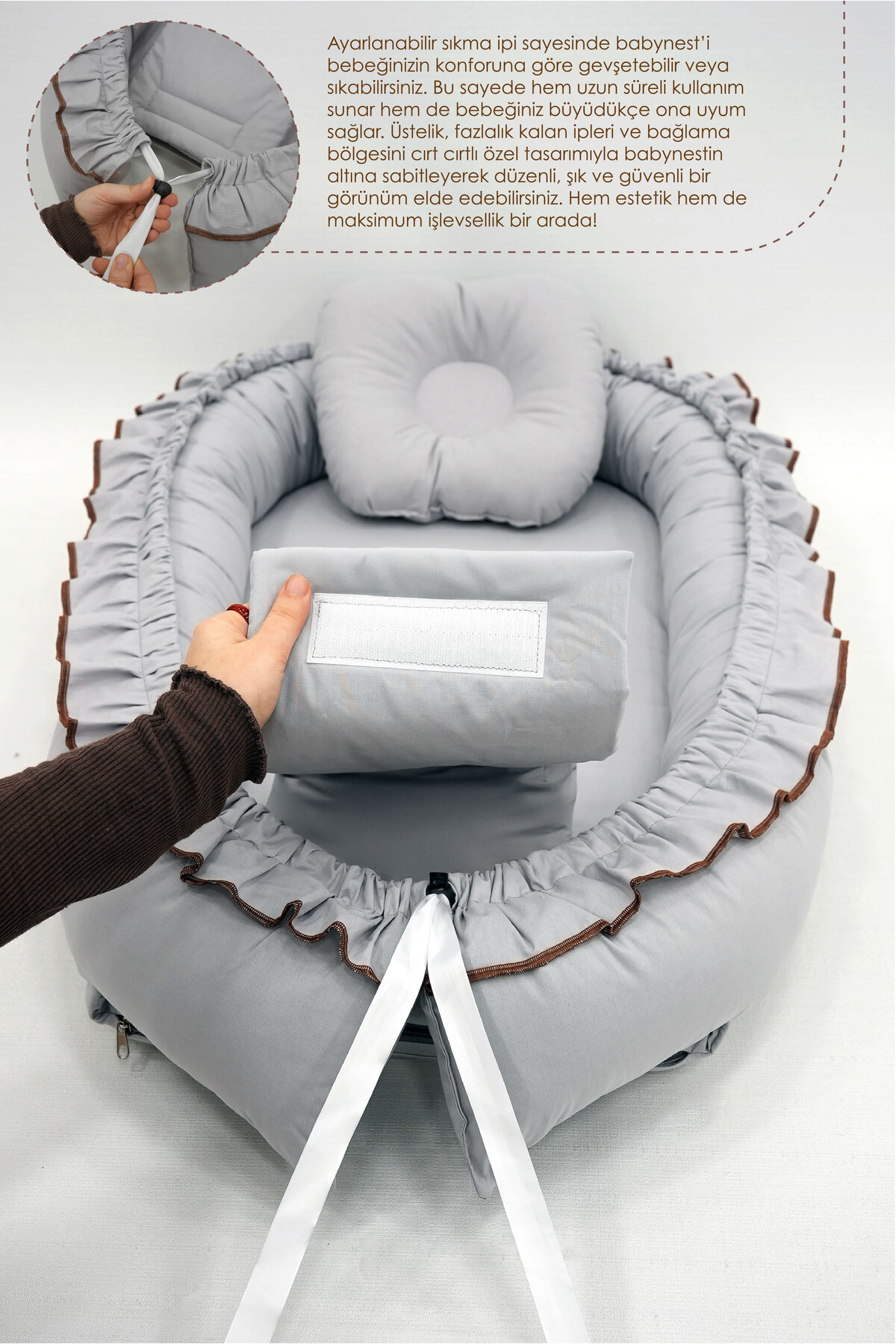 Mordesign Fırfırlı Bebek Yatağı, %100 Pamuk Babynest, 0-24 Ay Kullanım, Baş