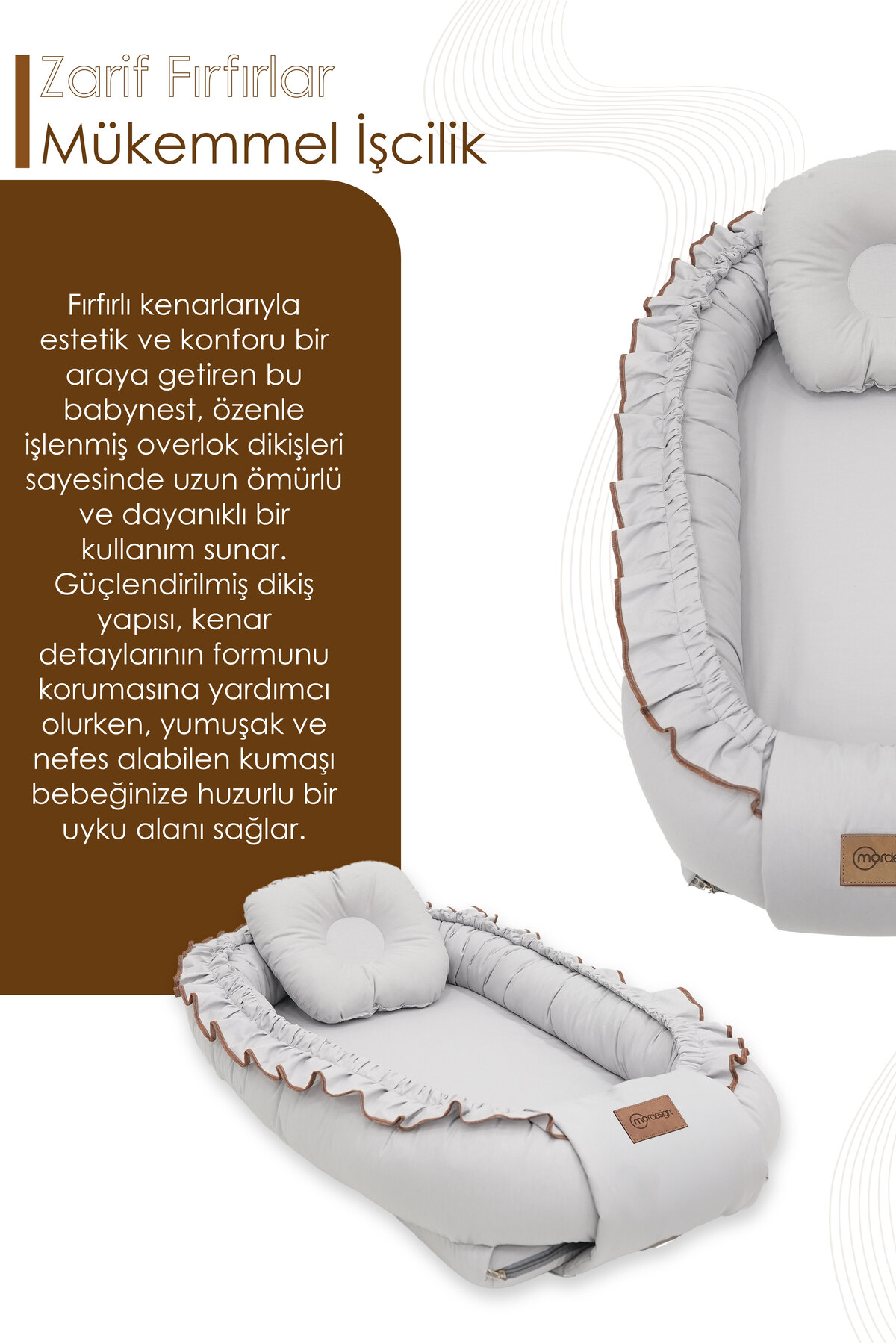 Mordesign Fırfırlı Bebek Yatağı, %100 Pamuk Babynest, 0-24 Ay Kullanım, Baş