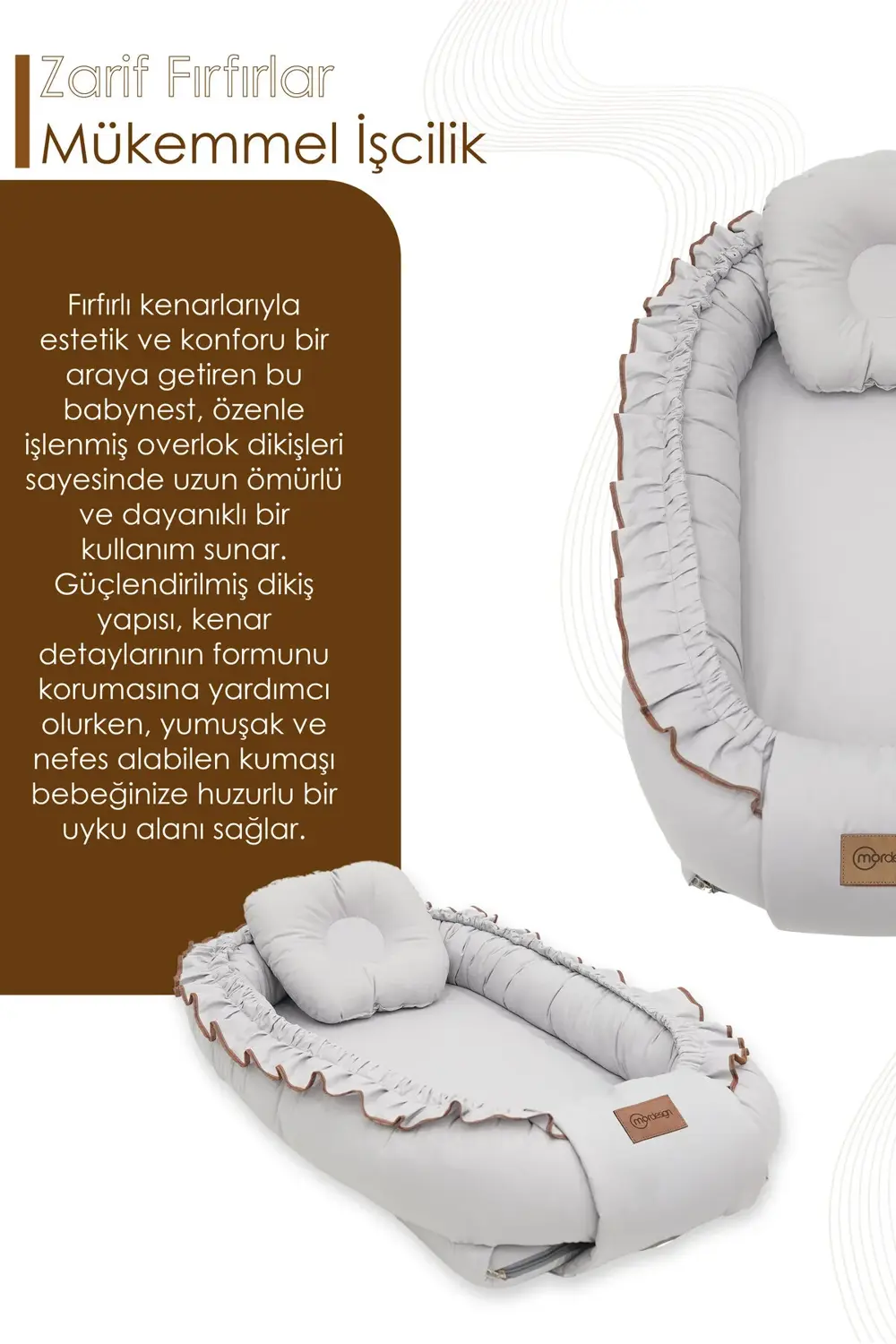 Mordesign Fırfırlı Bebek Yatağı, %100 Pamuk Babynest, 0-24 Ay Kullanım, Baş