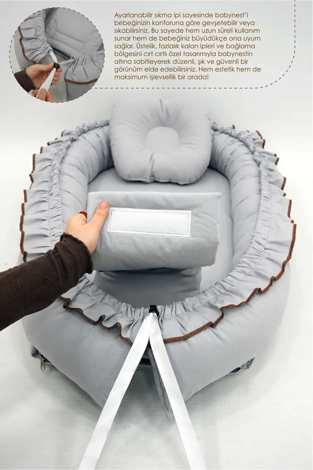 Mordesign Fırfırlı Bebek Yatağı, %100 Pamuk Babynest, 0-24 Ay Kullanım, Baş