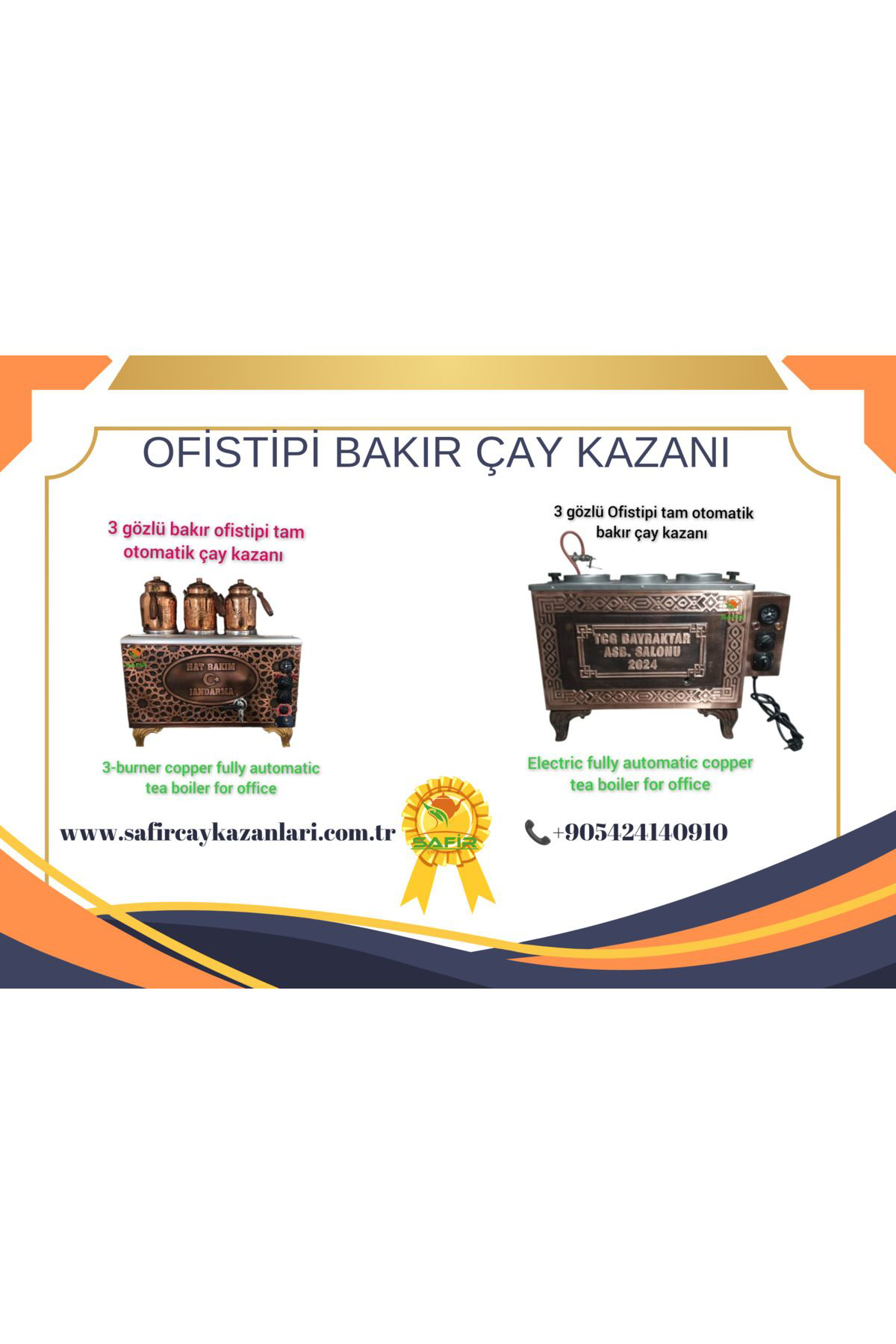 Safir Firma Ve Kişiye Özel İsimli Bakir Çay Kazani 3 Gözlü Tam Otomatik