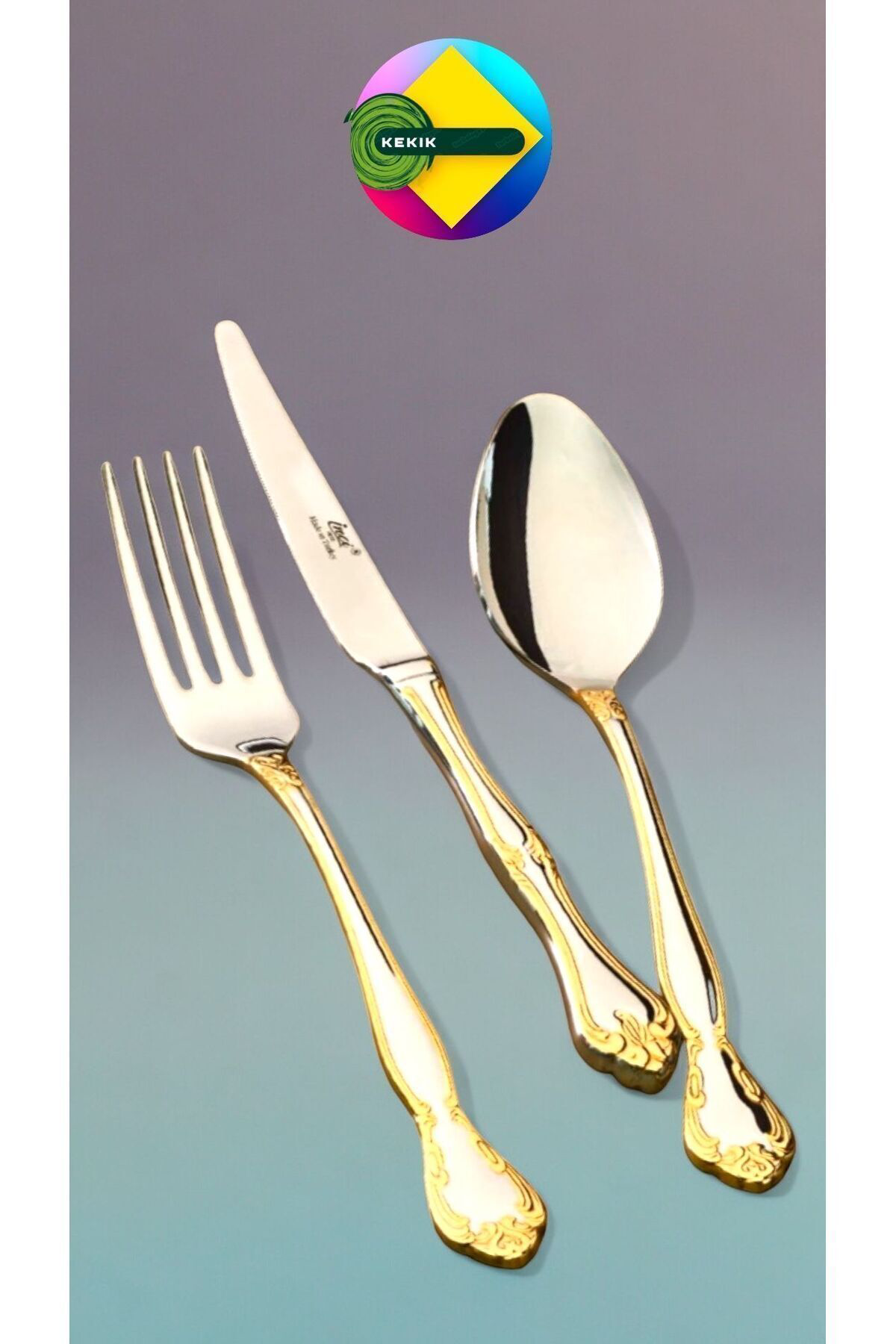 Kekikdükkan Firuze Altın 1810 Çelik 30 Parça Çatal Kaşık Bıçak Takımı