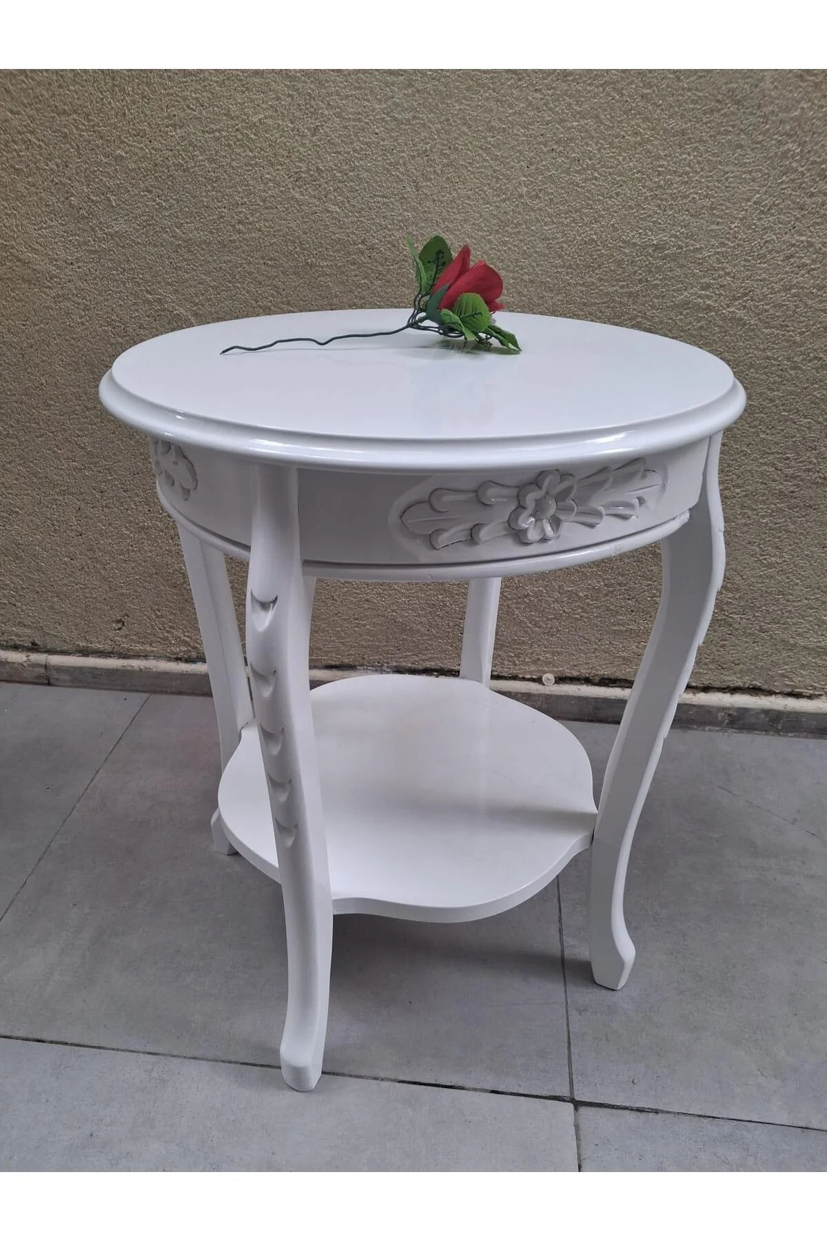 Fiskos 12461 Model Parlak Ahşap Kayın el Oyma ayak Parlak Beyaz MDF tabla El Yapı - Görsel 8