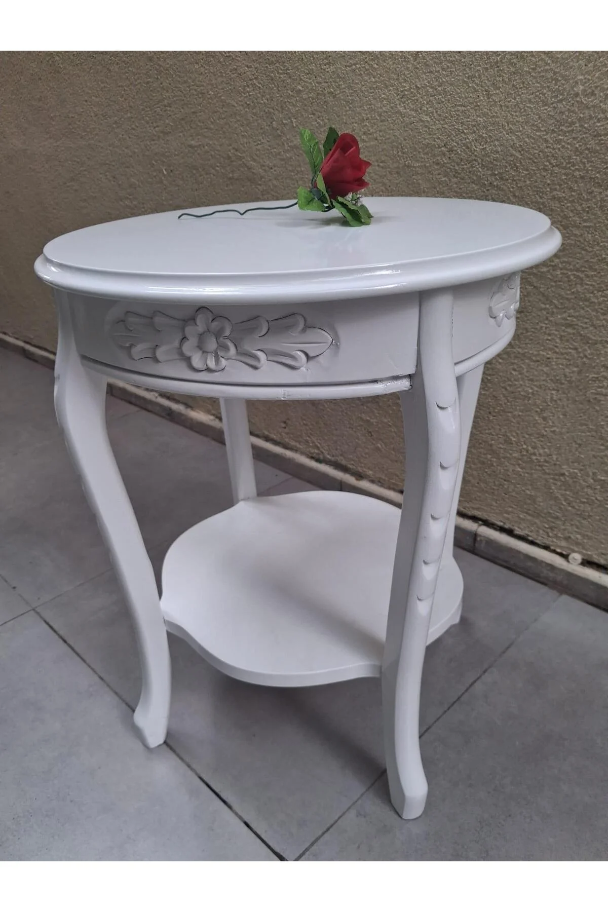 Fiskos 12461 Model Parlak Ahşap Kayın el Oyma ayak Parlak Beyaz MDF tabla El Yapı - Görsel 6