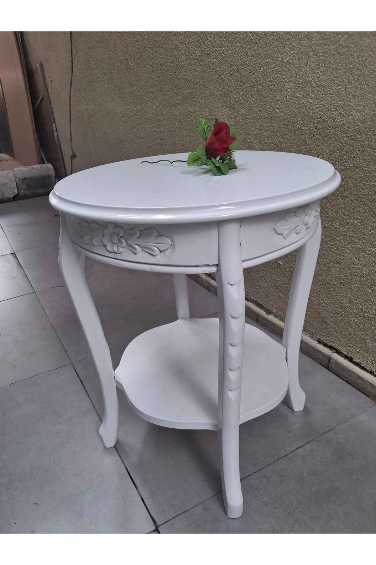 Fiskos 12461 Model Parlak Ahşap Kayın el Oyma ayak Parlak Beyaz MDF tabla El Yapı - Görsel 7