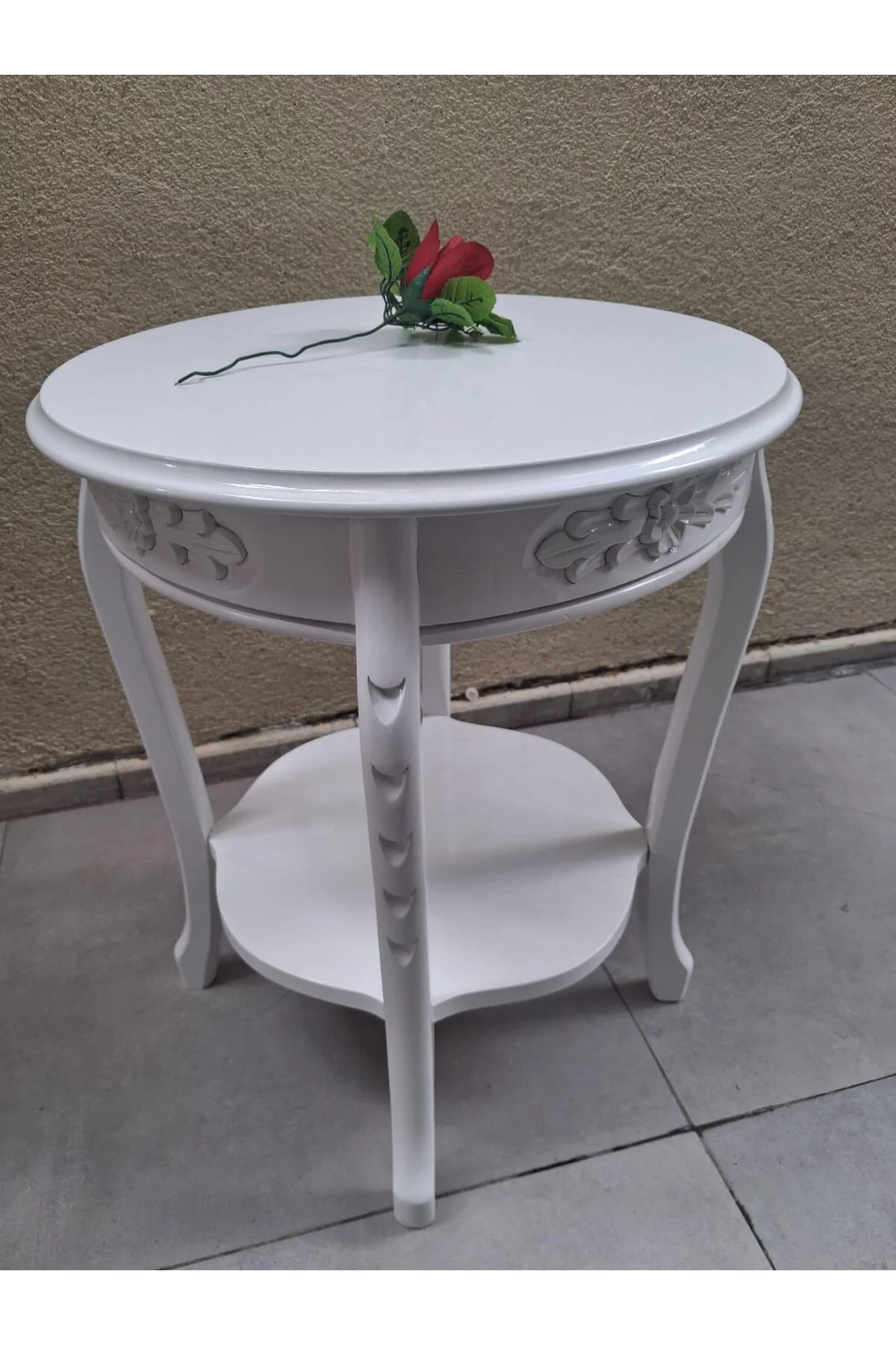 Fiskos 12461 Model Parlak Ahşap Kayın el Oyma ayak Parlak Beyaz MDF tabla El Yapı - Görsel 3