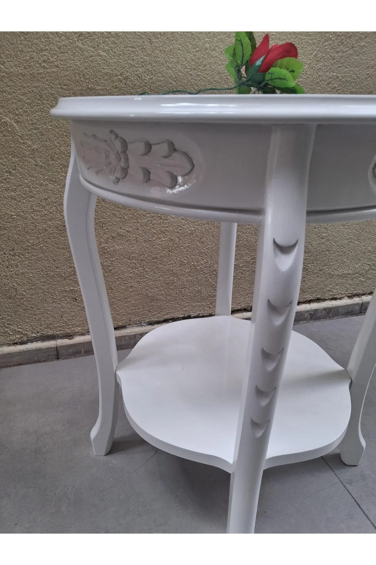 Fiskos 12461 Model Parlak Ahşap Kayın el Oyma ayak Parlak Beyaz MDF tabla El Yapı - Görsel 5