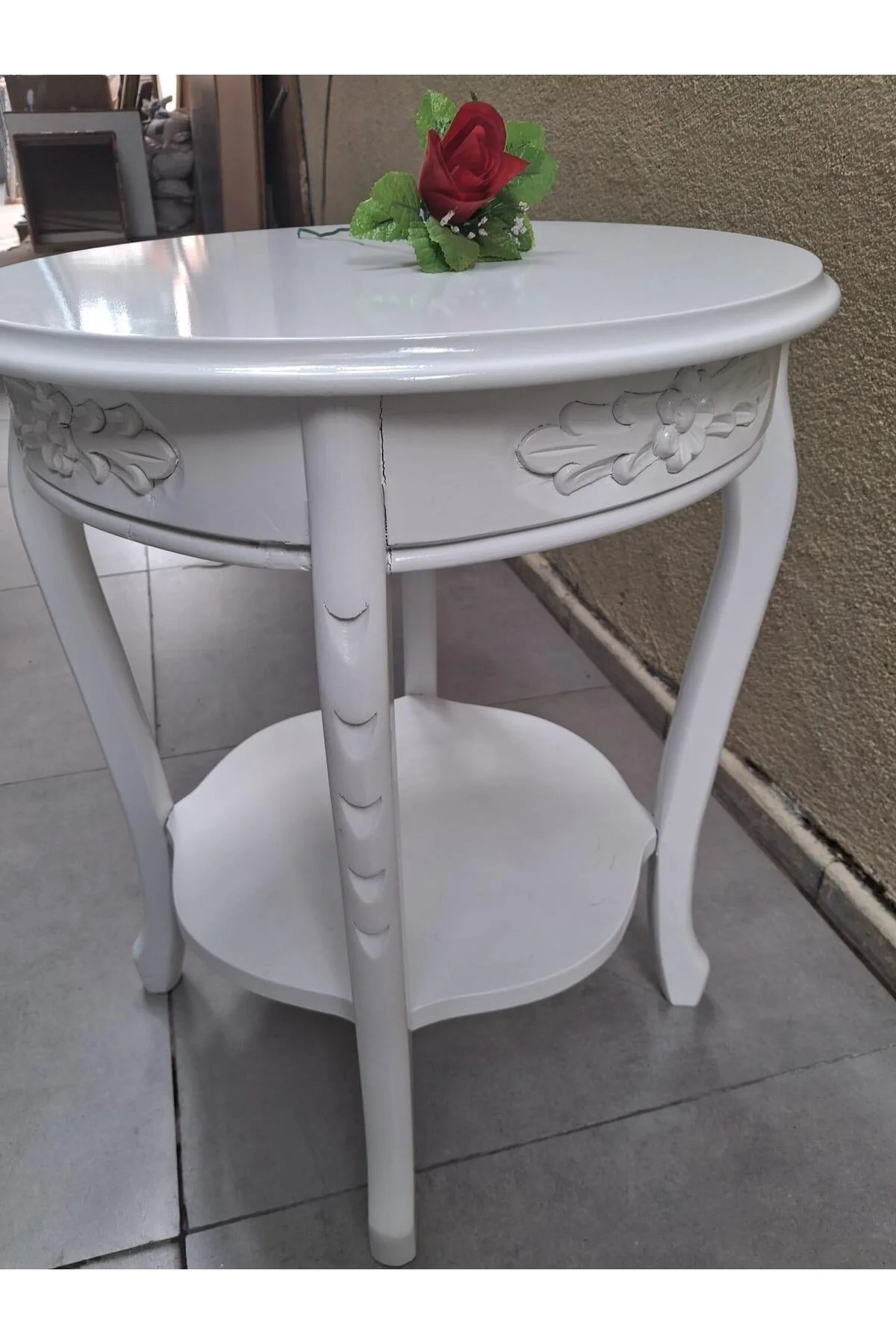 Fiskos 12461 Model Parlak Ahşap Kayın el Oyma ayak Parlak Beyaz MDF tabla El Yapı - Görsel 2
