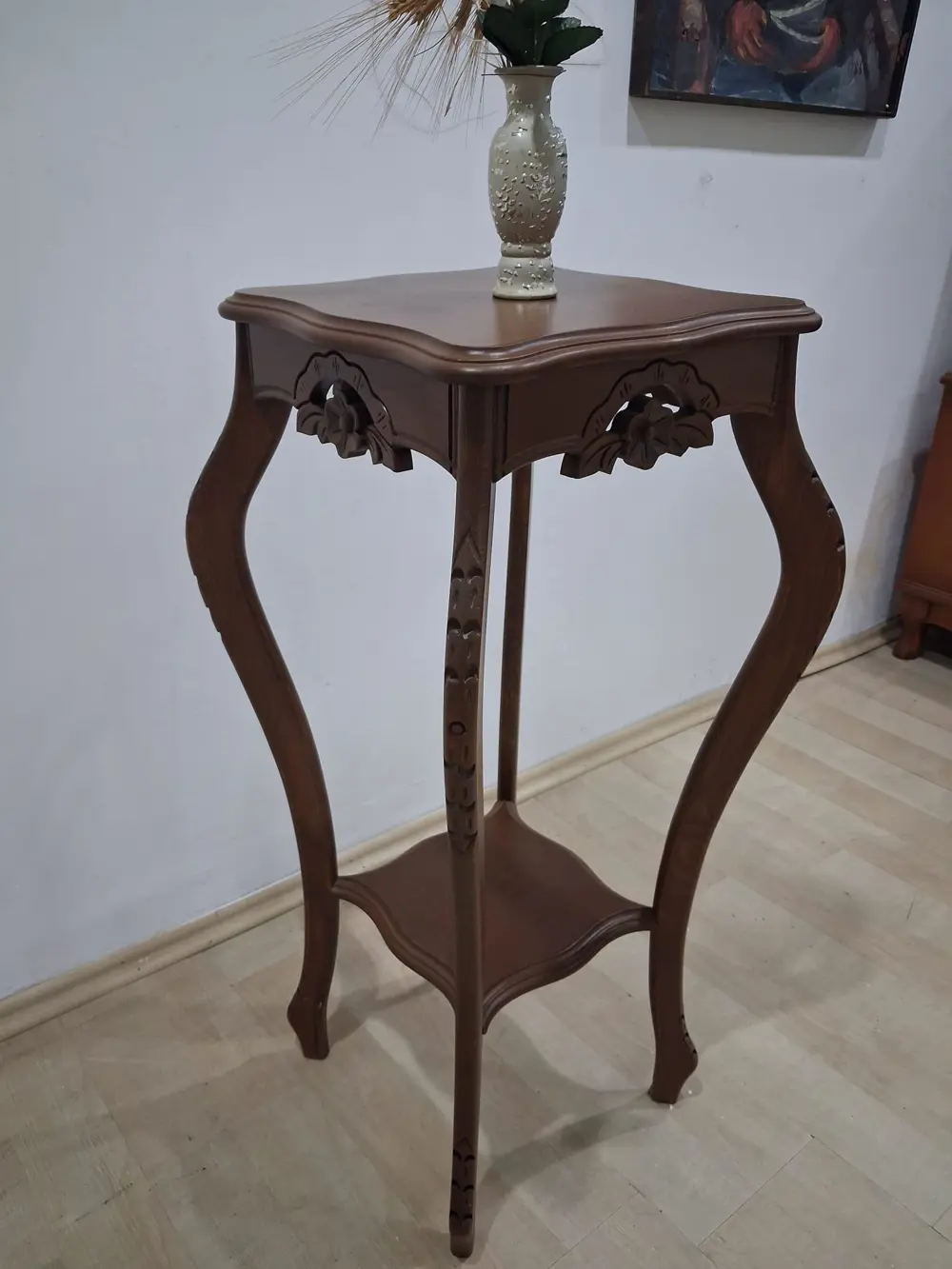 Fiskos 90580 Kare Çiçeklik Oyma Parlak Kaplama Kayın Tabla Ayak C