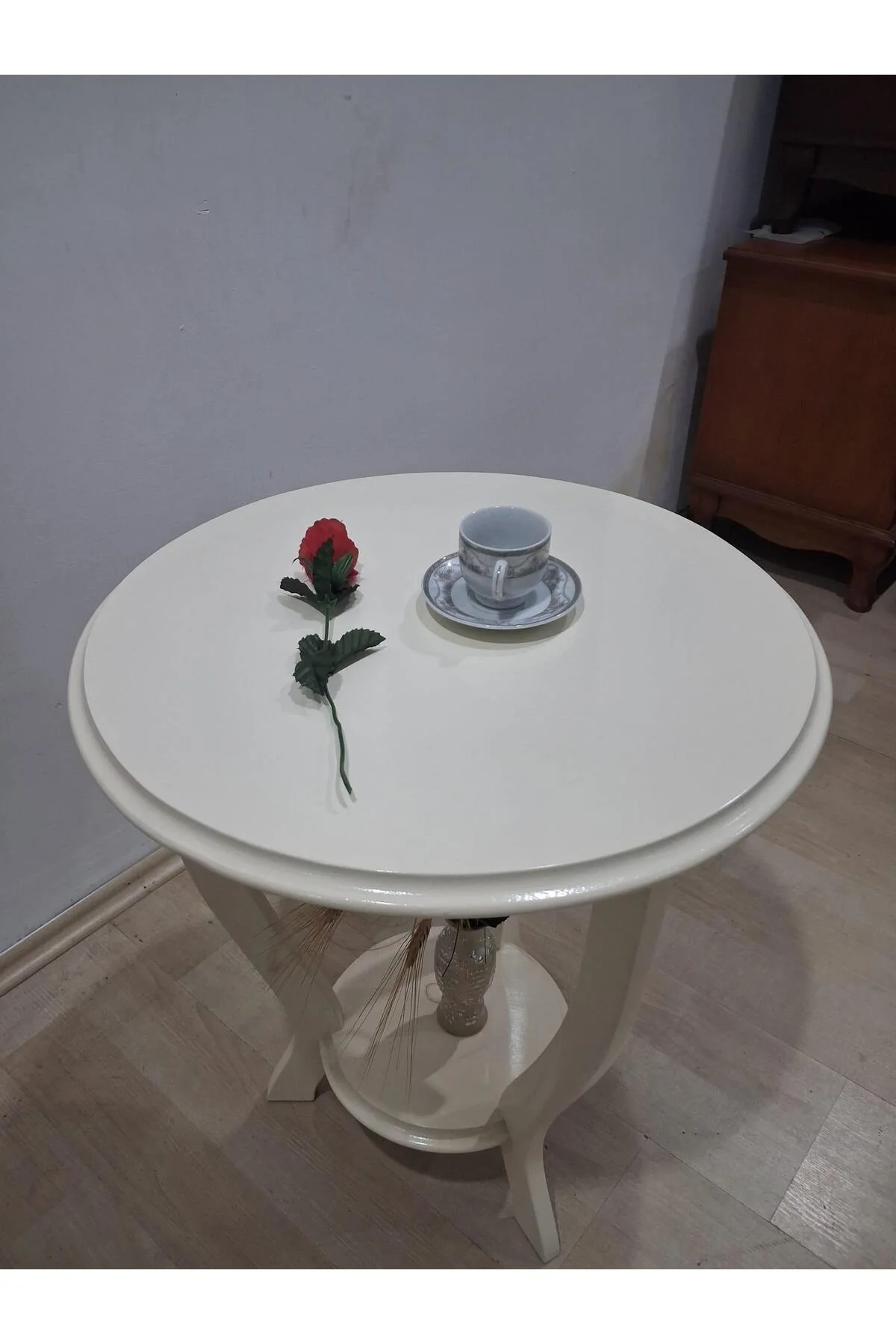 Fiskos Sehpa 90638 3Ayk Çiçeklik Sehpa Parlak Krem Lake Çift Kat Ahşap Mdf Tabla - Görsel 3