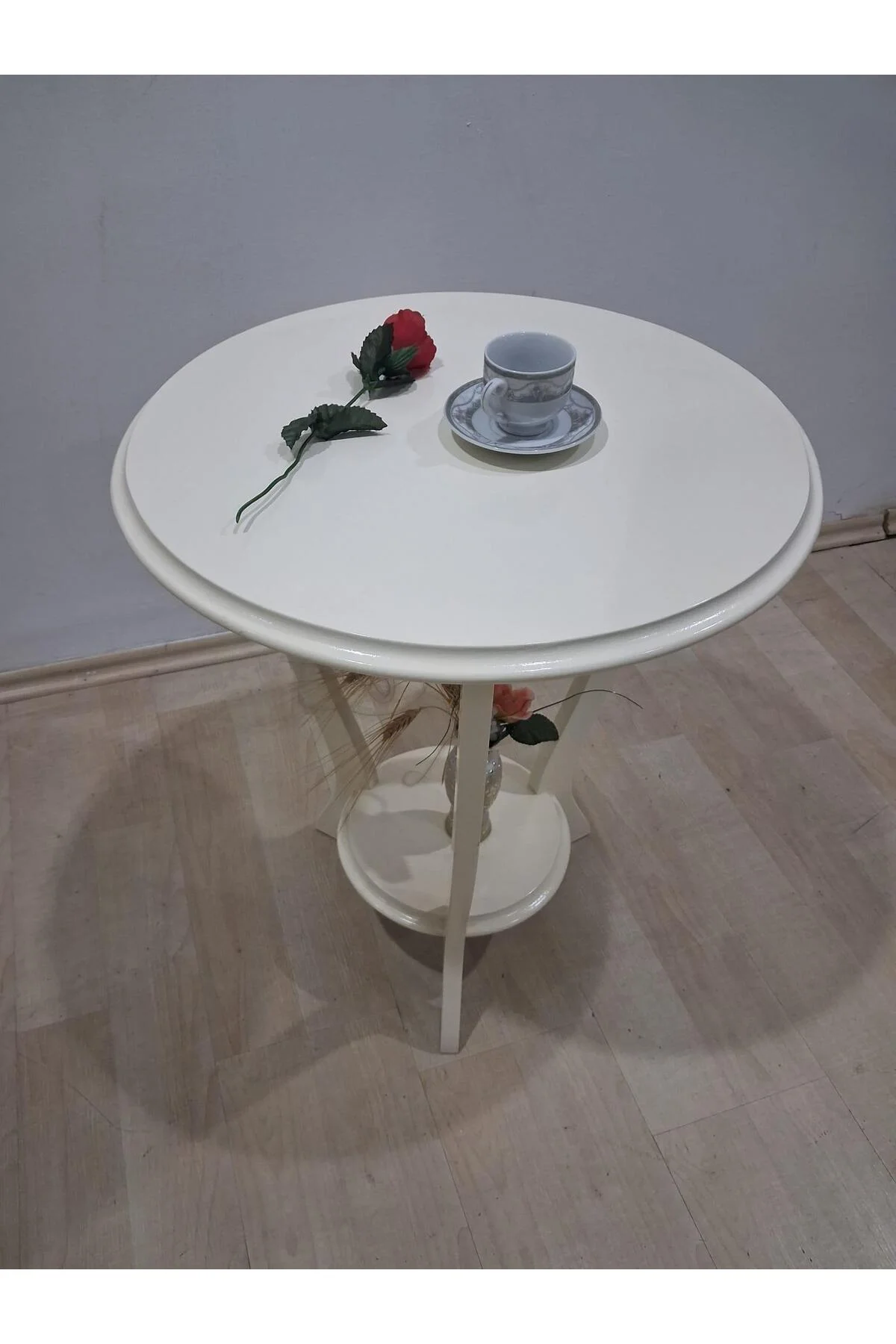 Fiskos Sehpa 90638 3Ayk Çiçeklik Sehpa Parlak Krem Lake Çift Kat Ahşap Mdf Tabla - Görsel 7