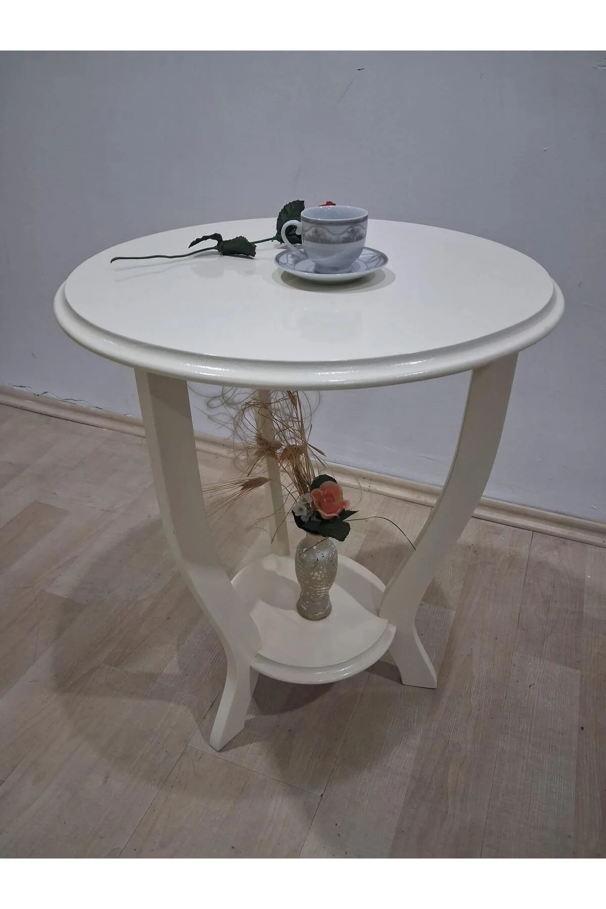 Fiskos Sehpa 90638 3Ayk Çiçeklik Sehpa Parlak Krem Lake Çift Kat Ahşap Mdf Tabla - Görsel 8