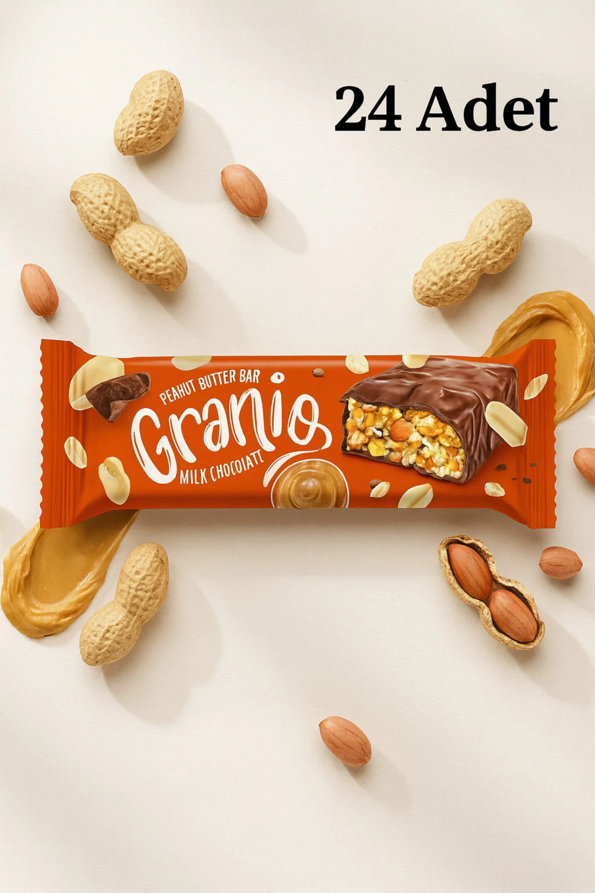 Fıstıklı ve Fıstık Ezmeli Sütlü Çikolata Kaplamalı Bar 40 gr X 24 Adet Fıstıklı ve Fıstık Ezmeli Sütlü Çikolata Kaplamalı Bar 40 gr X 24 Adet