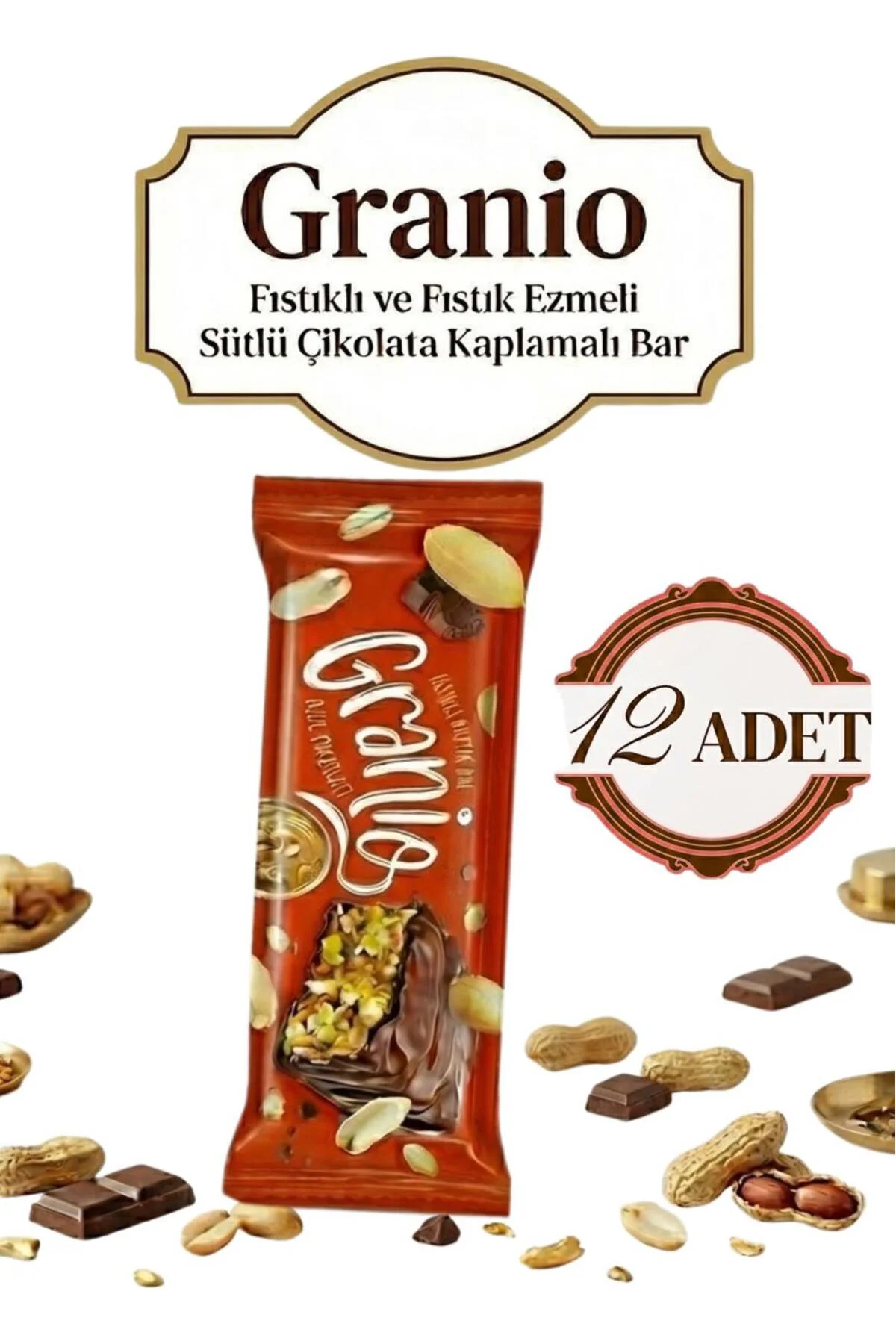 Fıstıklı ve Fıstık Ezmeli Sütlü Çikolata Kaplamalı Bar 40 gr X 12 Adet