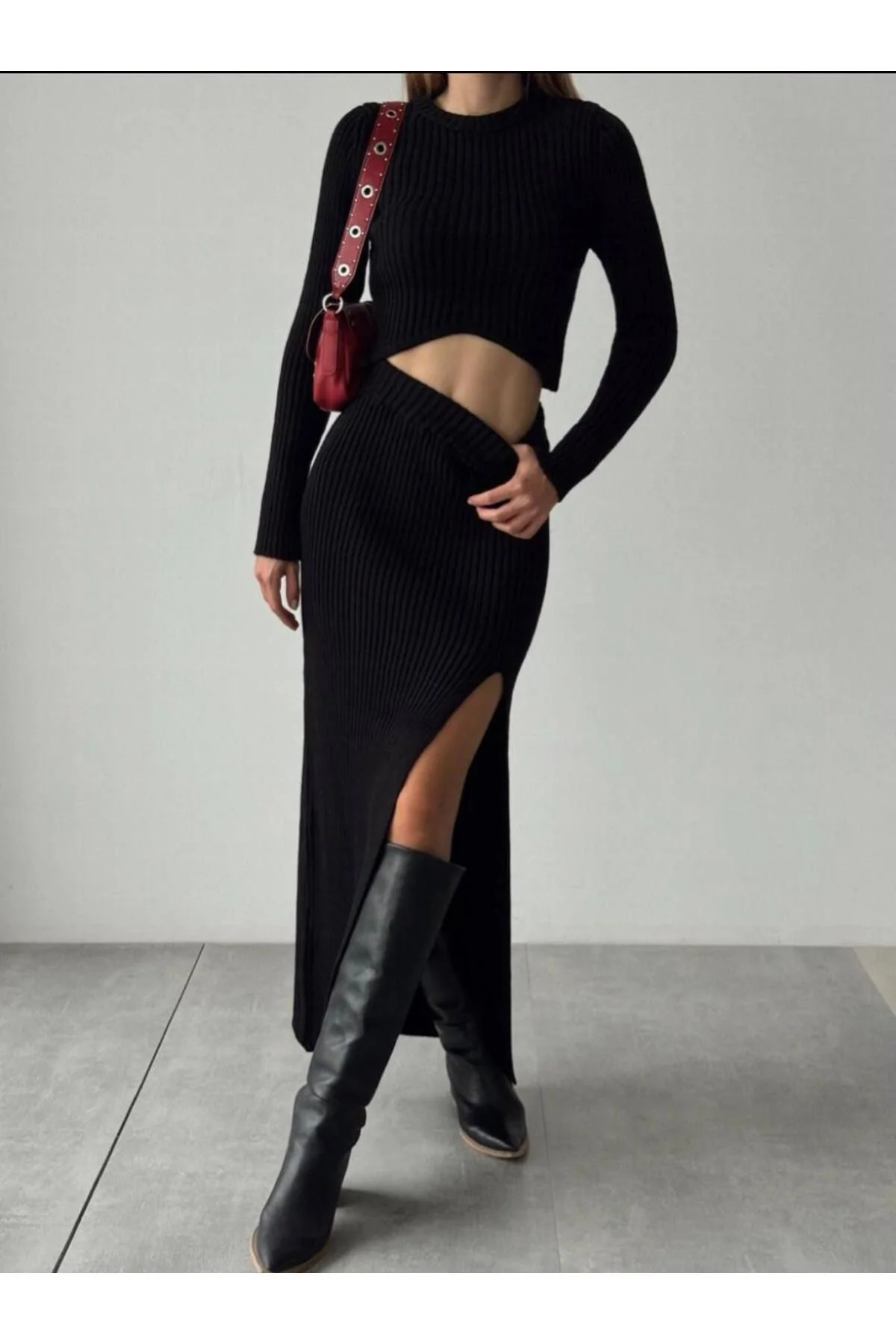 Fitilli Bluz Crop Alt Üst Etekli Takım