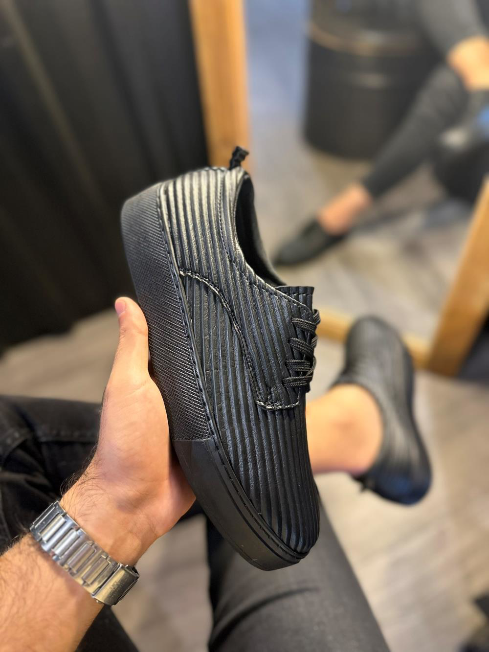 Fitilli Desenli Günlük Ayakkabı 076 Siyah (Siyah Taban)