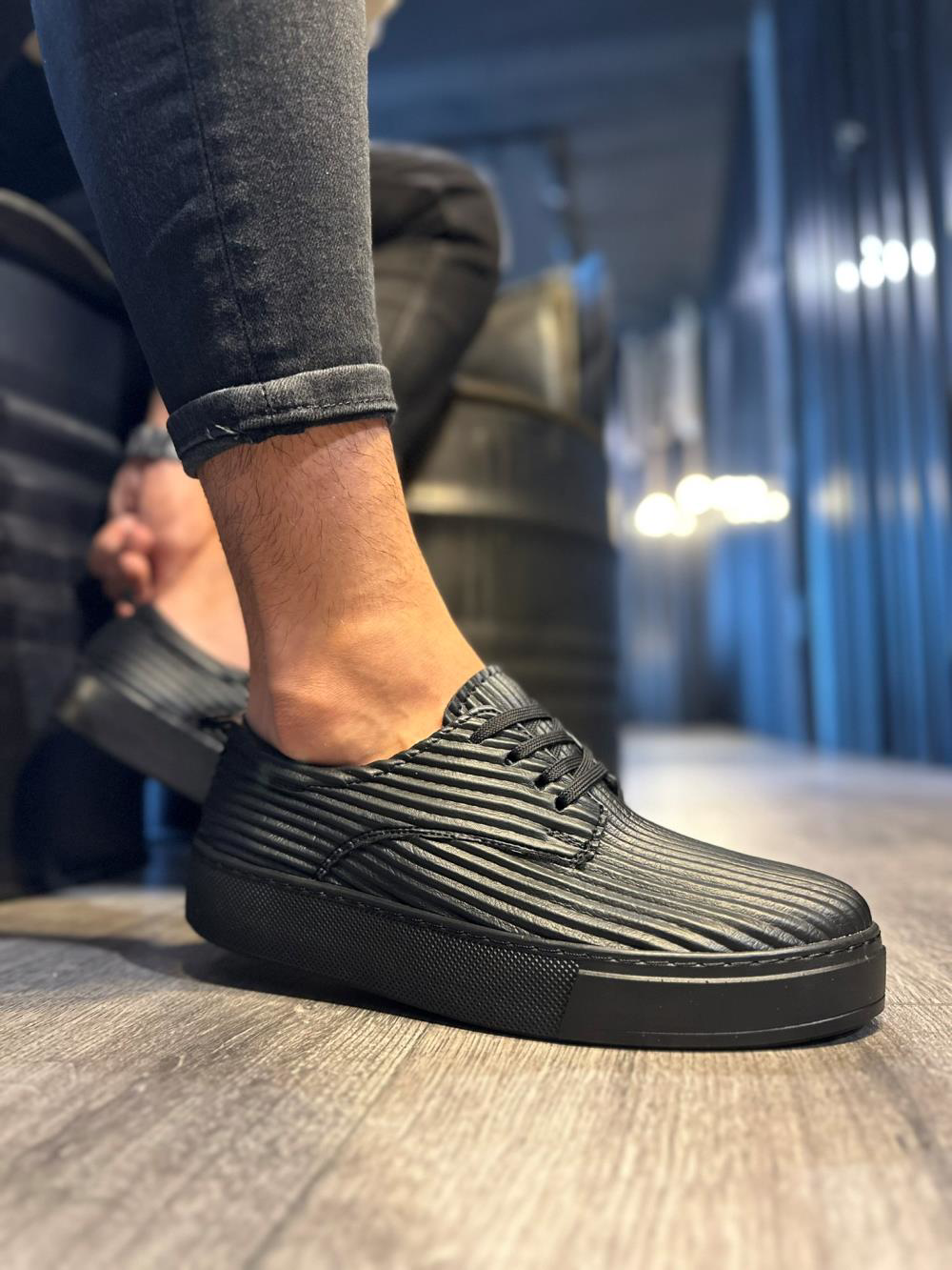 Fitilli Desenli Günlük Ayakkabı 076 Siyah (Siyah Taban)