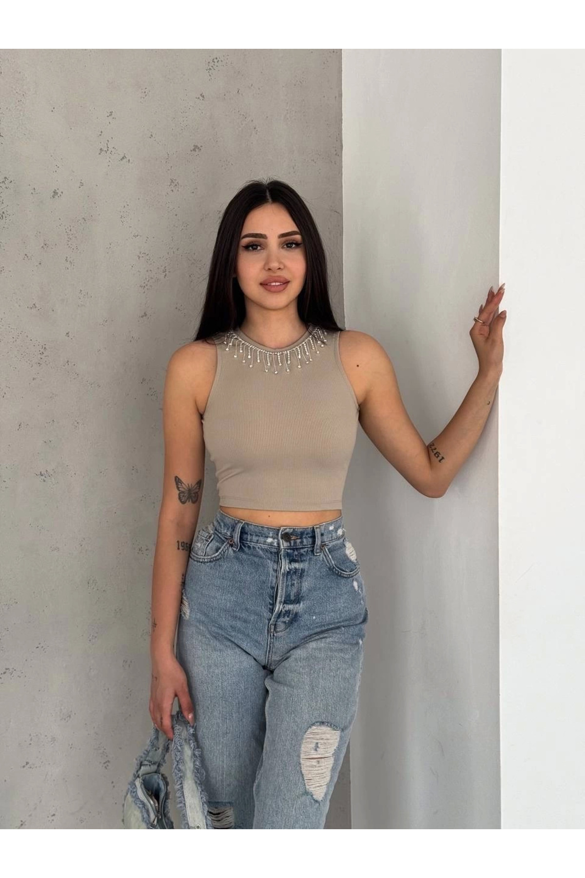 Fitilli Kaşkorse Yakası Zincirli Atlet Vizon