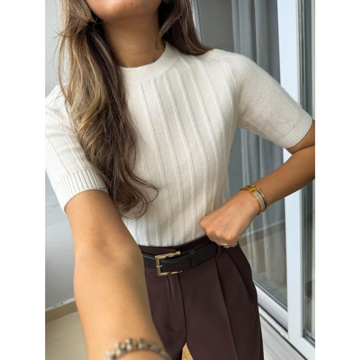 Fitilli Kısa Kol Kazak - Krem Fitilli Kısa Kol Kazak - Krem