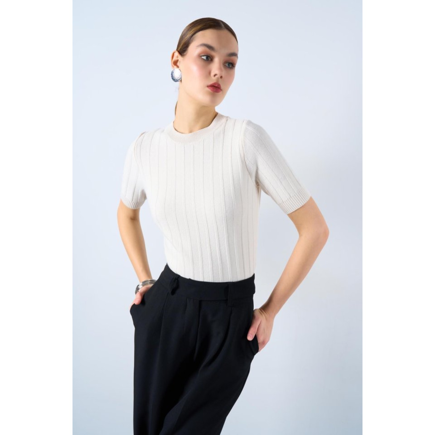 Fitilli Kısa Kol Kazak - Krem