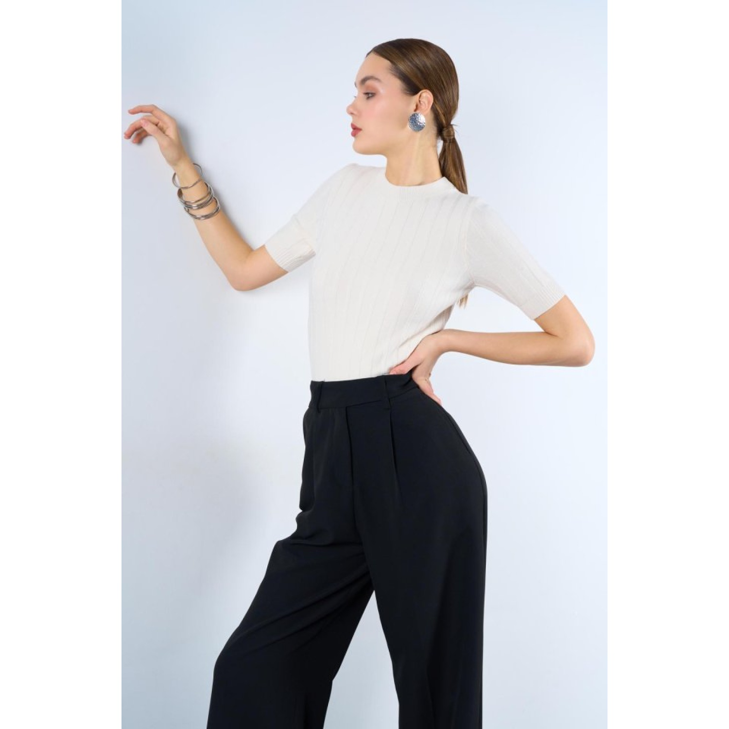 Fitilli Kısa Kol Kazak - Krem