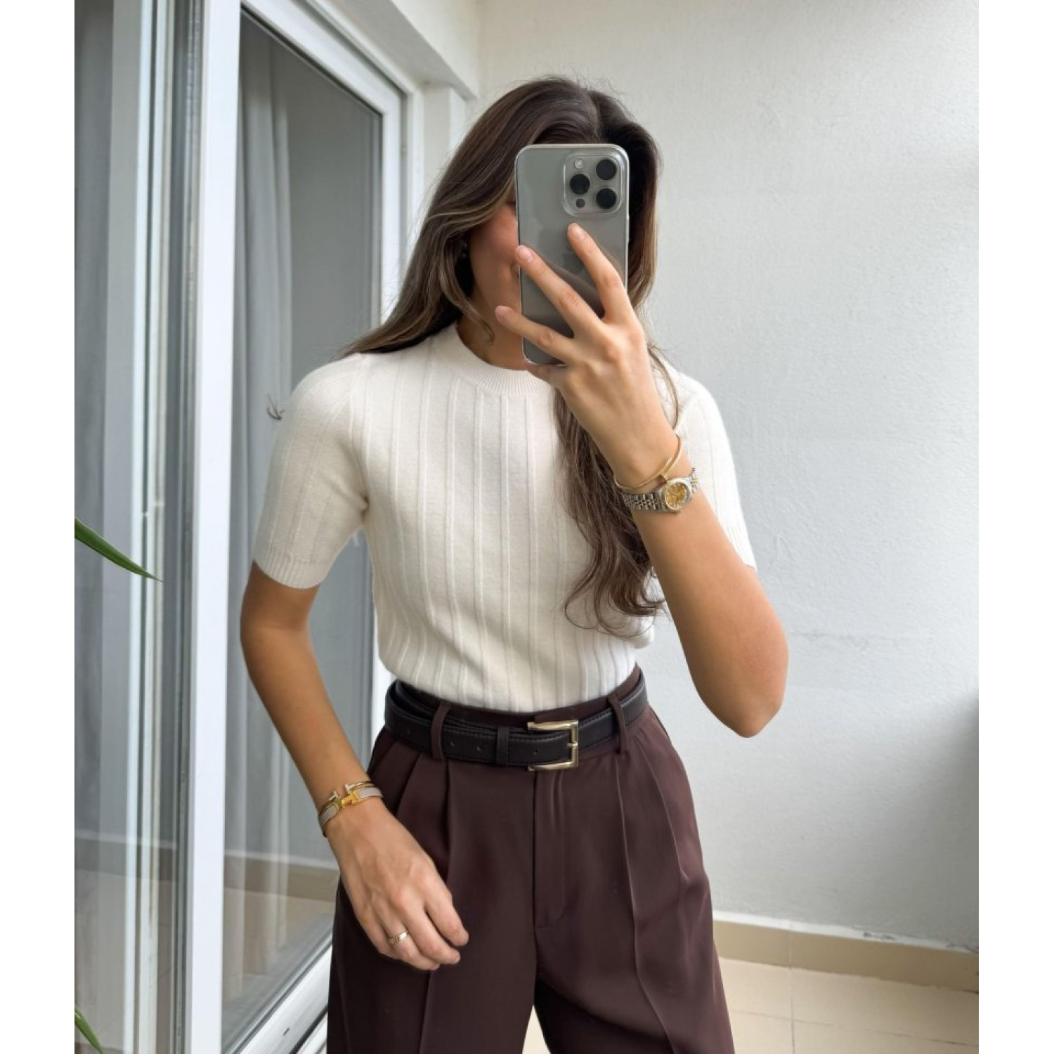 Fitilli Kısa Kol Kazak - Krem Fitilli Kısa Kol Kazak - Krem