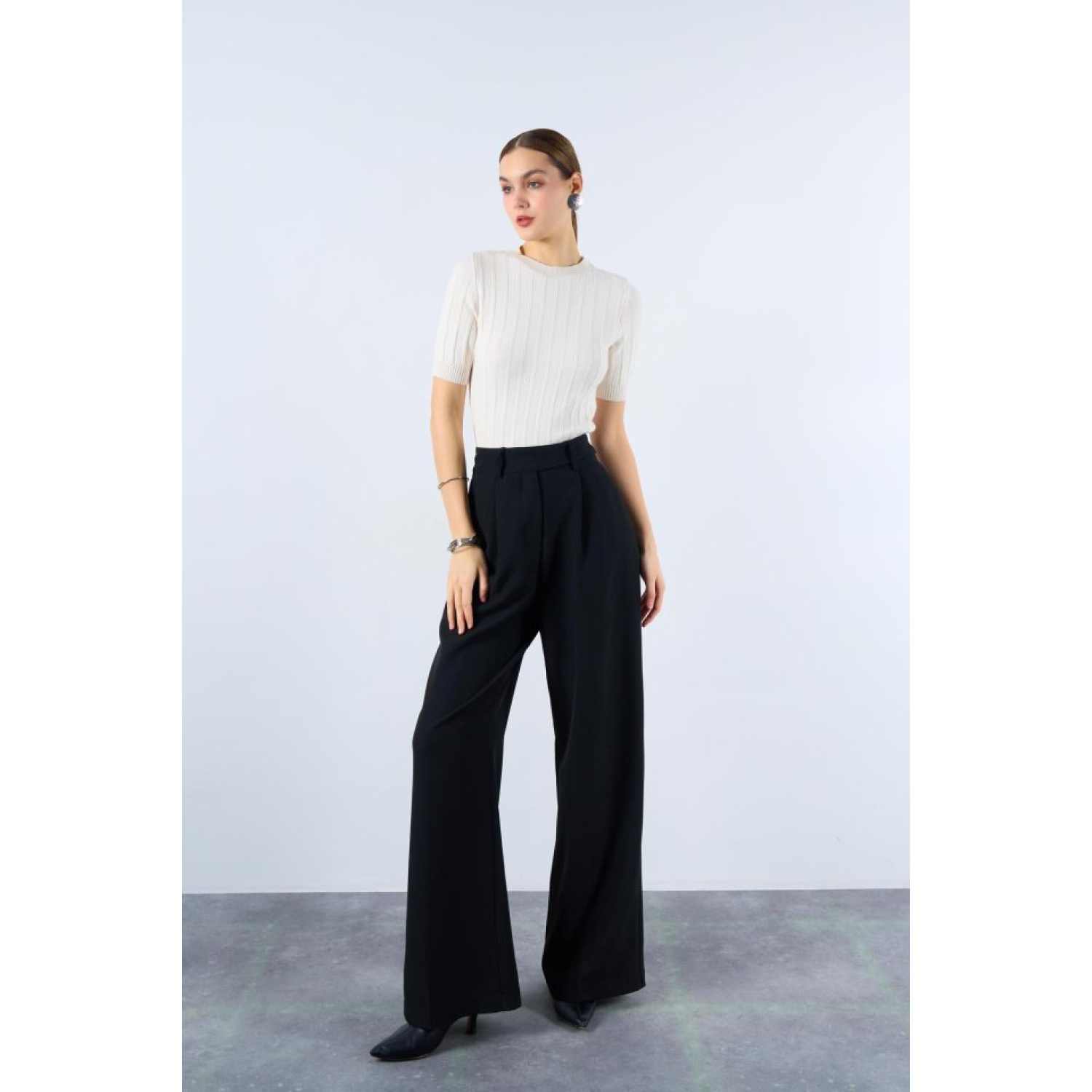 Fitilli Kısa Kol Kazak - Krem