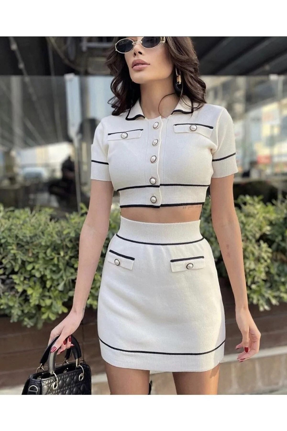 Polo Yaka Inci Düğmeli Crop Mini Etek Ikili Takım Triko Takım