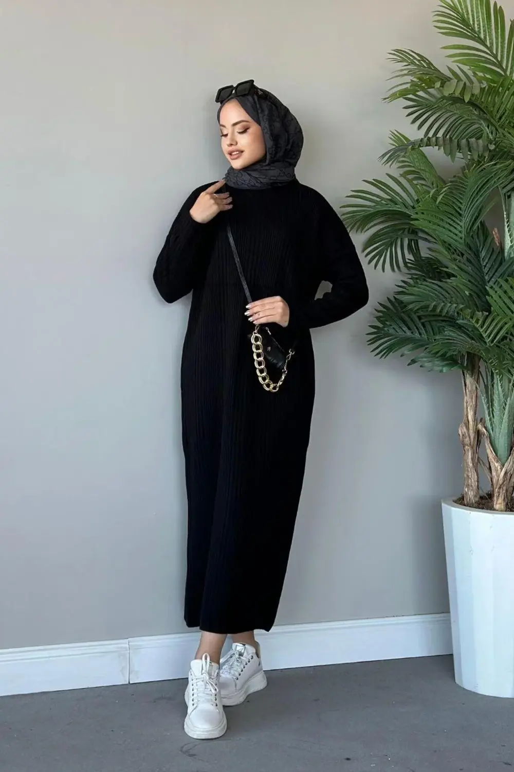 Fitilli Triko Elbise Kahverengi