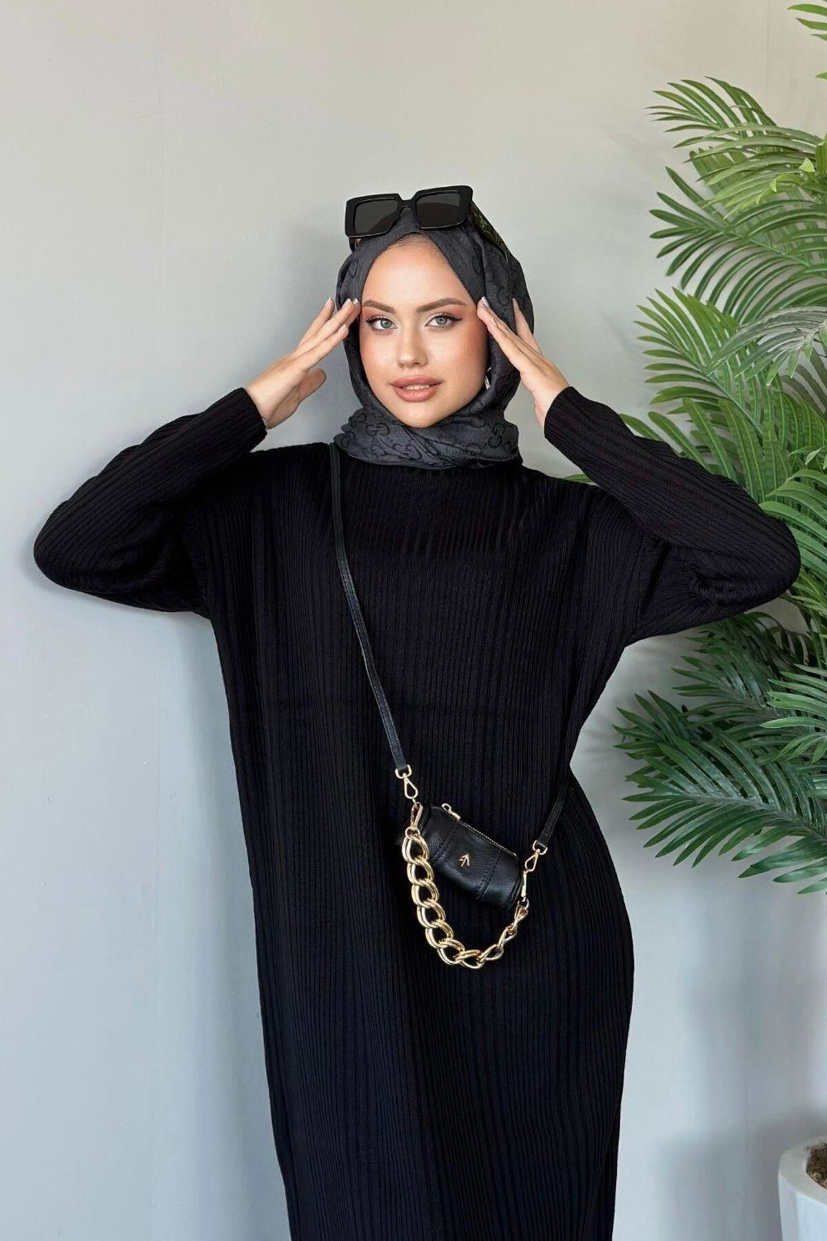 Bess Store Fitilli Triko Elbise Kahverengi