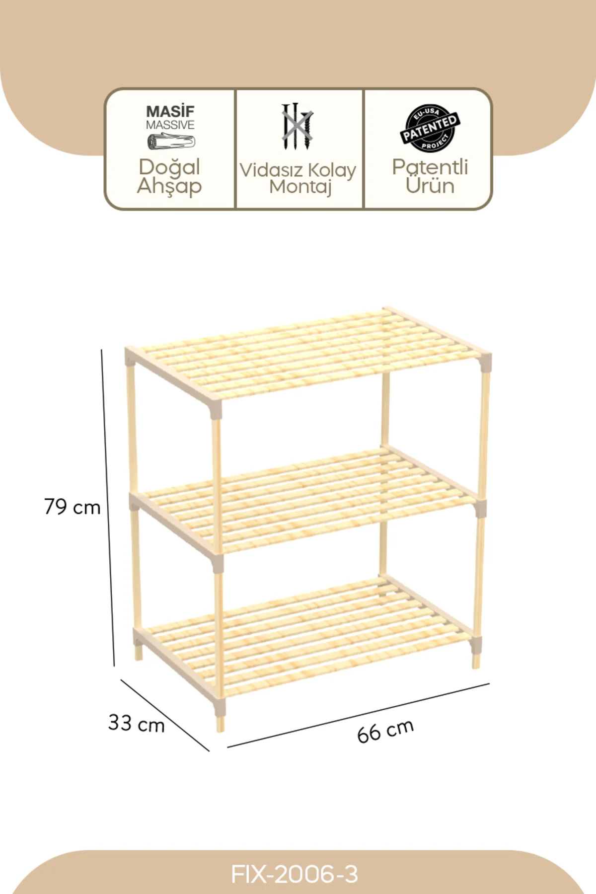FIX-2006-3 Çok Amaçlı Modüler 3 Katlı Ahşap Raf