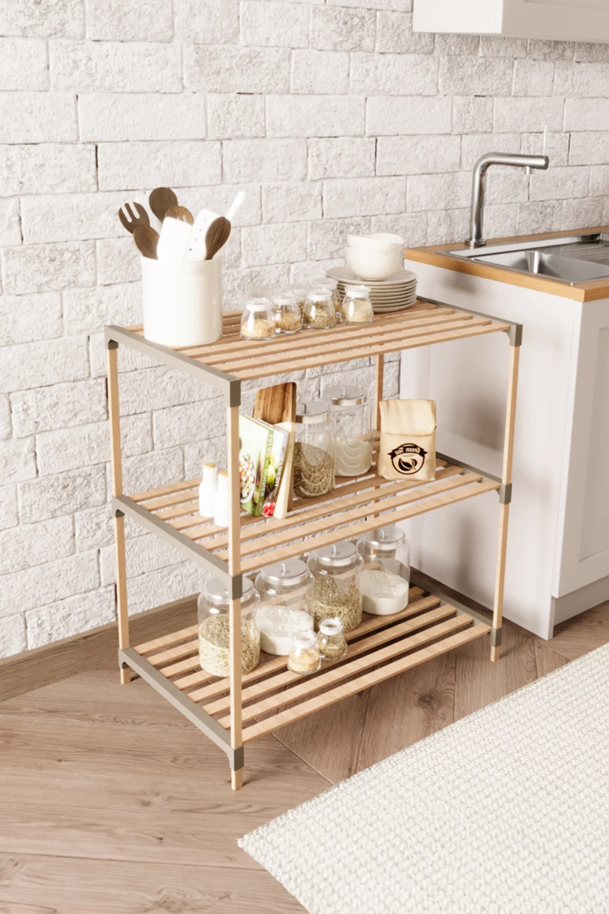 FIX-2006-3 Çok Amaçlı Modüler 3 Katlı Ahşap Raf