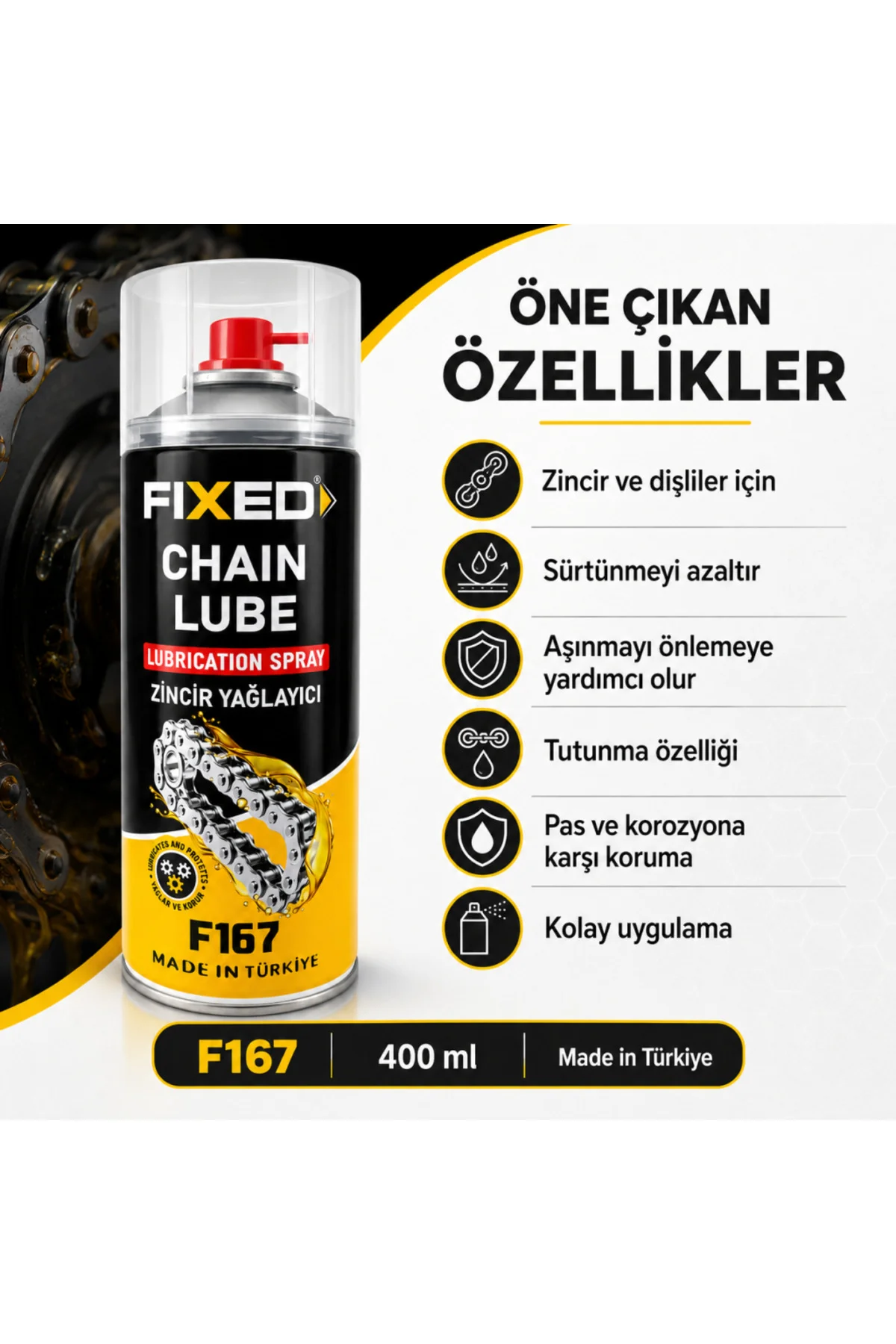 FIXED F167 Zincir Yağlayıcı Sprey 400 ml Motosiklet, Bisiklet, Mo