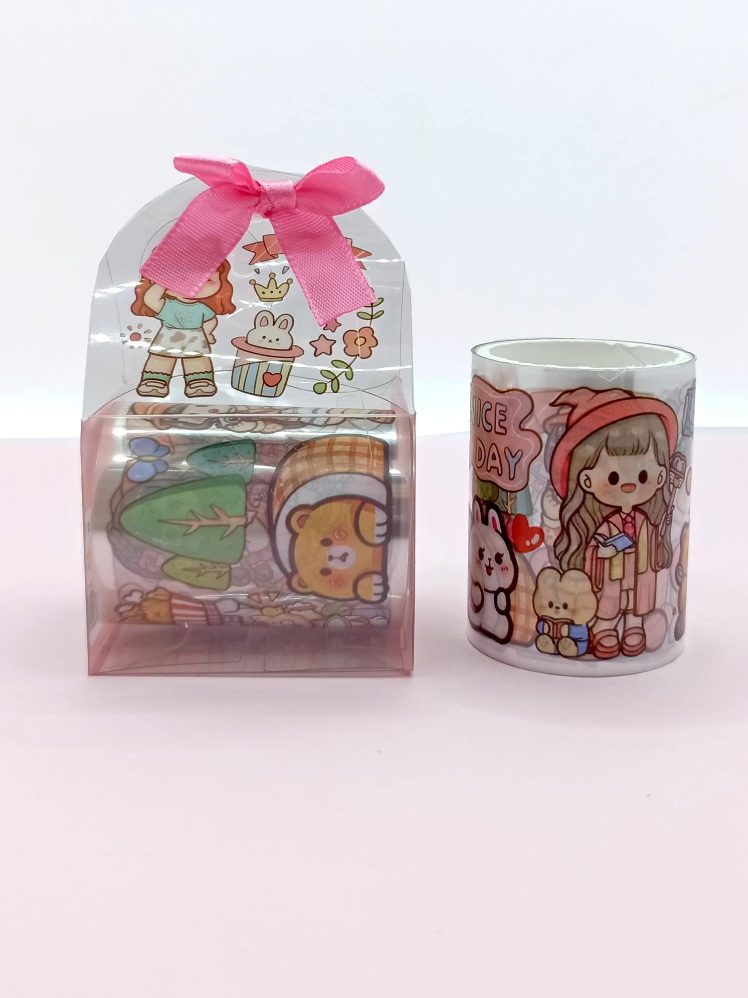 Fiyonk Çantalı Süslü Kız Şeffaf Desenli Bant - Pembe