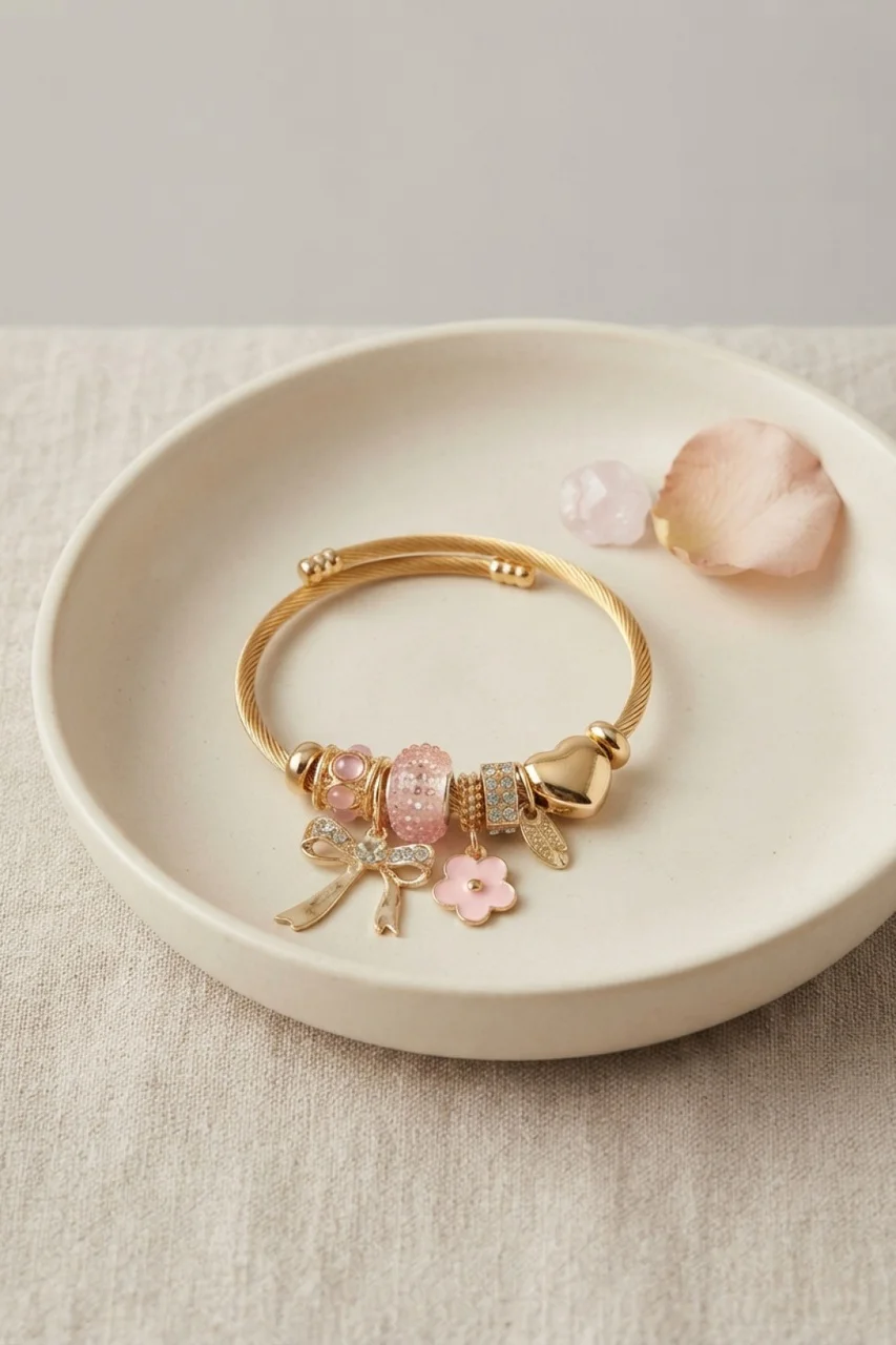 Fiyonk Charmlı Pembe Renk Gold Bileklik - Lisinya Diğer