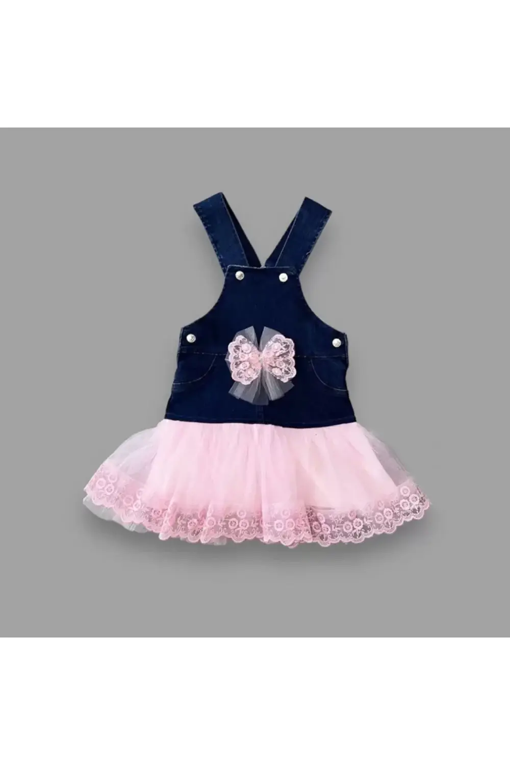 Fiyonklu Düğme Detaylı Tül Etek Kot Kumaş Salopet Kız Çocuk Elbis