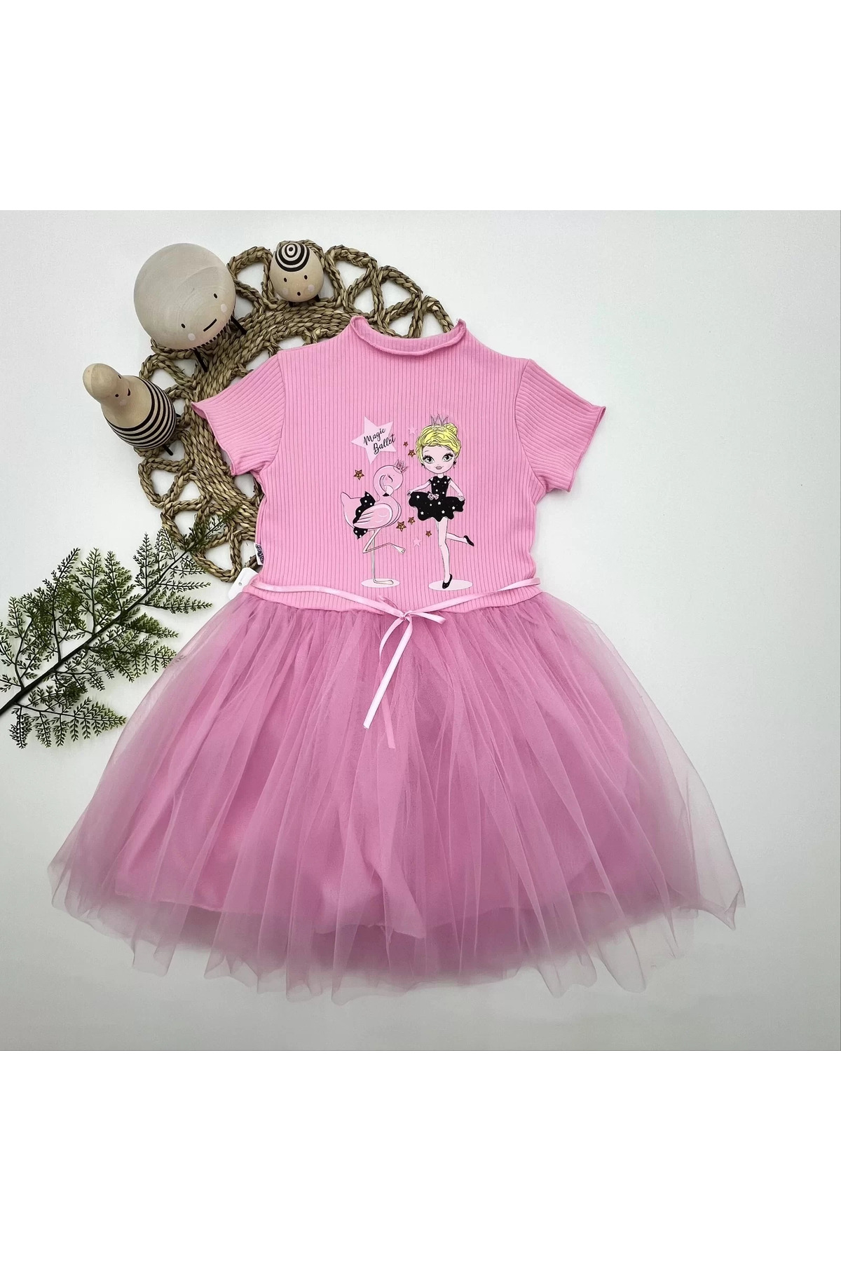 Butik Flamingo Balerin Kız Baskılı Kurdela Kuşaklı Astarlı Kız Çocuk Tü