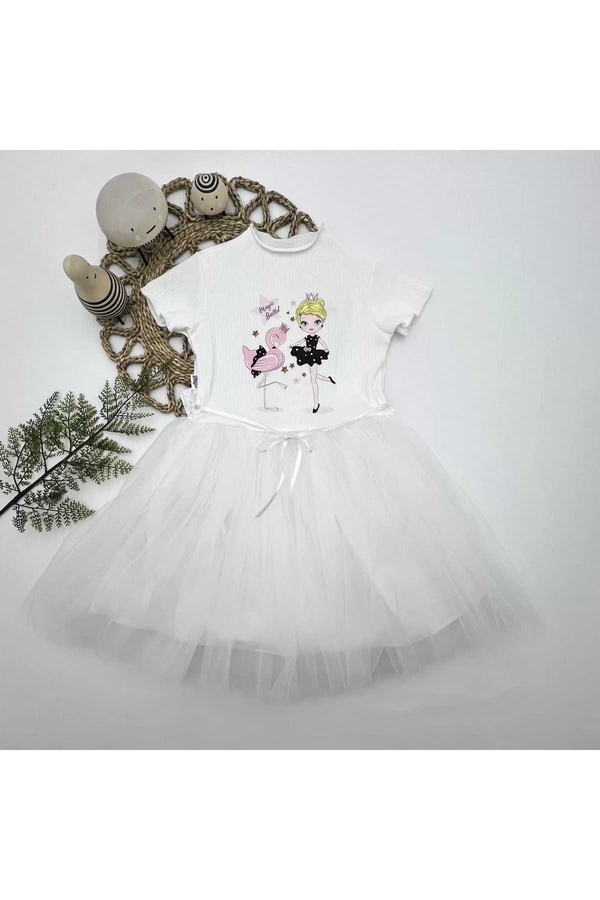 Shop58 Flamingo Balerin Kiz Baskili Kurdela Kuşakli Astarli Kiz Çocuk Tü