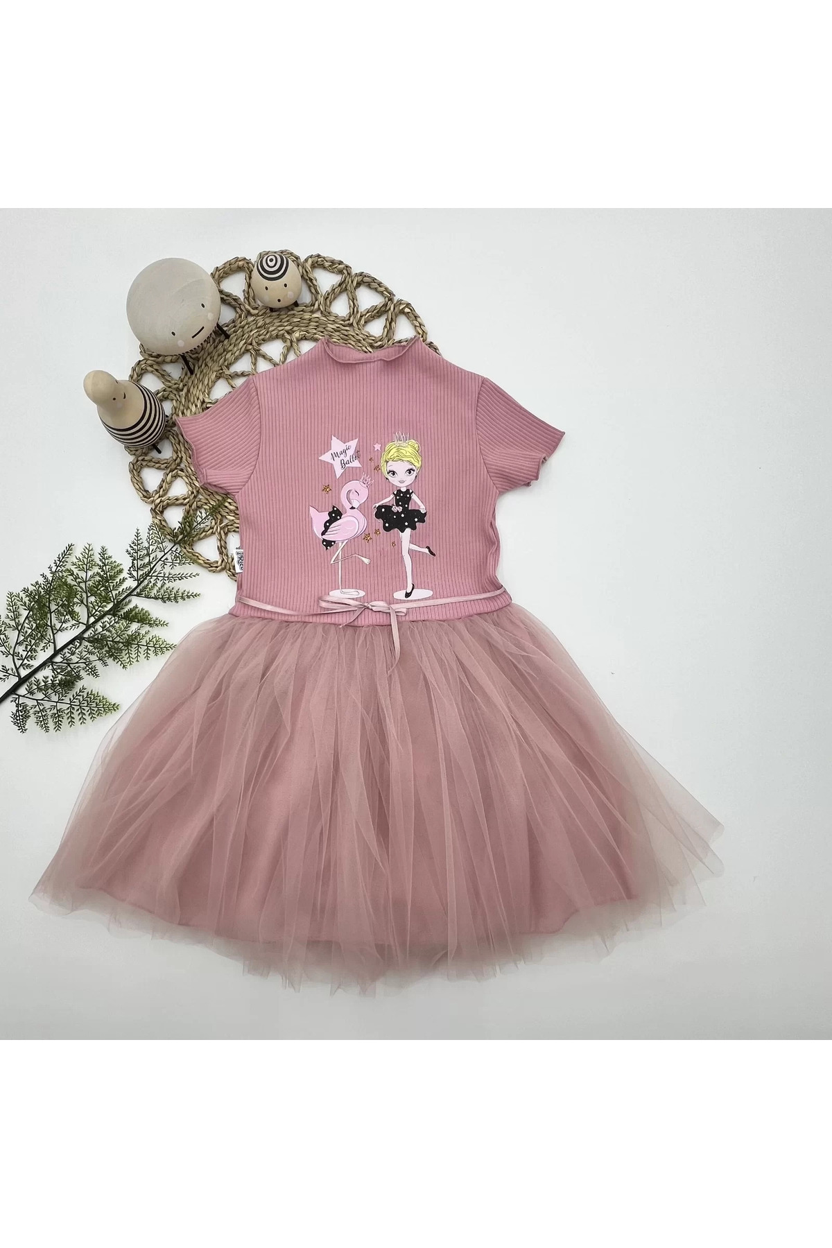 Butik Flamingo Balerin Kız Baskılı Kurdela Kuşaklı Astarlı Kız Çocuk Tü