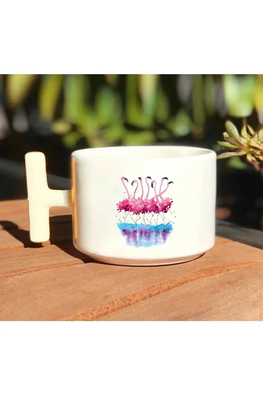 Flamingo Baskılı Beyaz T Kulp Kupa Bardak