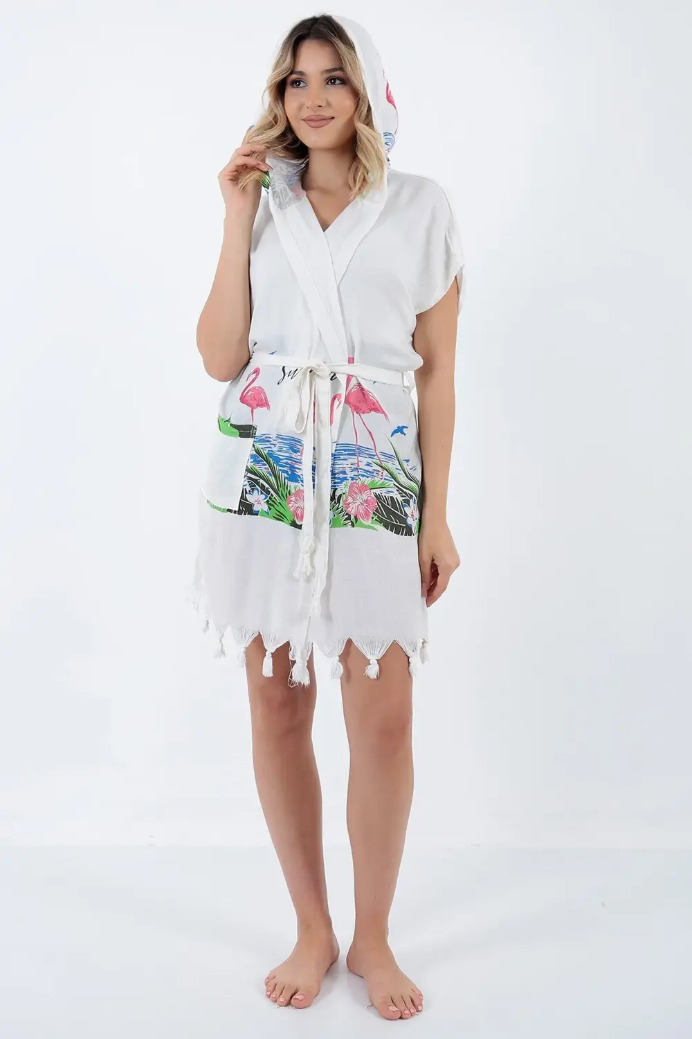 Flamingo Baskılı Kısa Bornoz