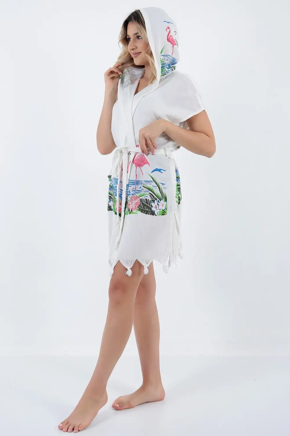 Flamingo Baskılı Kısa Bornoz