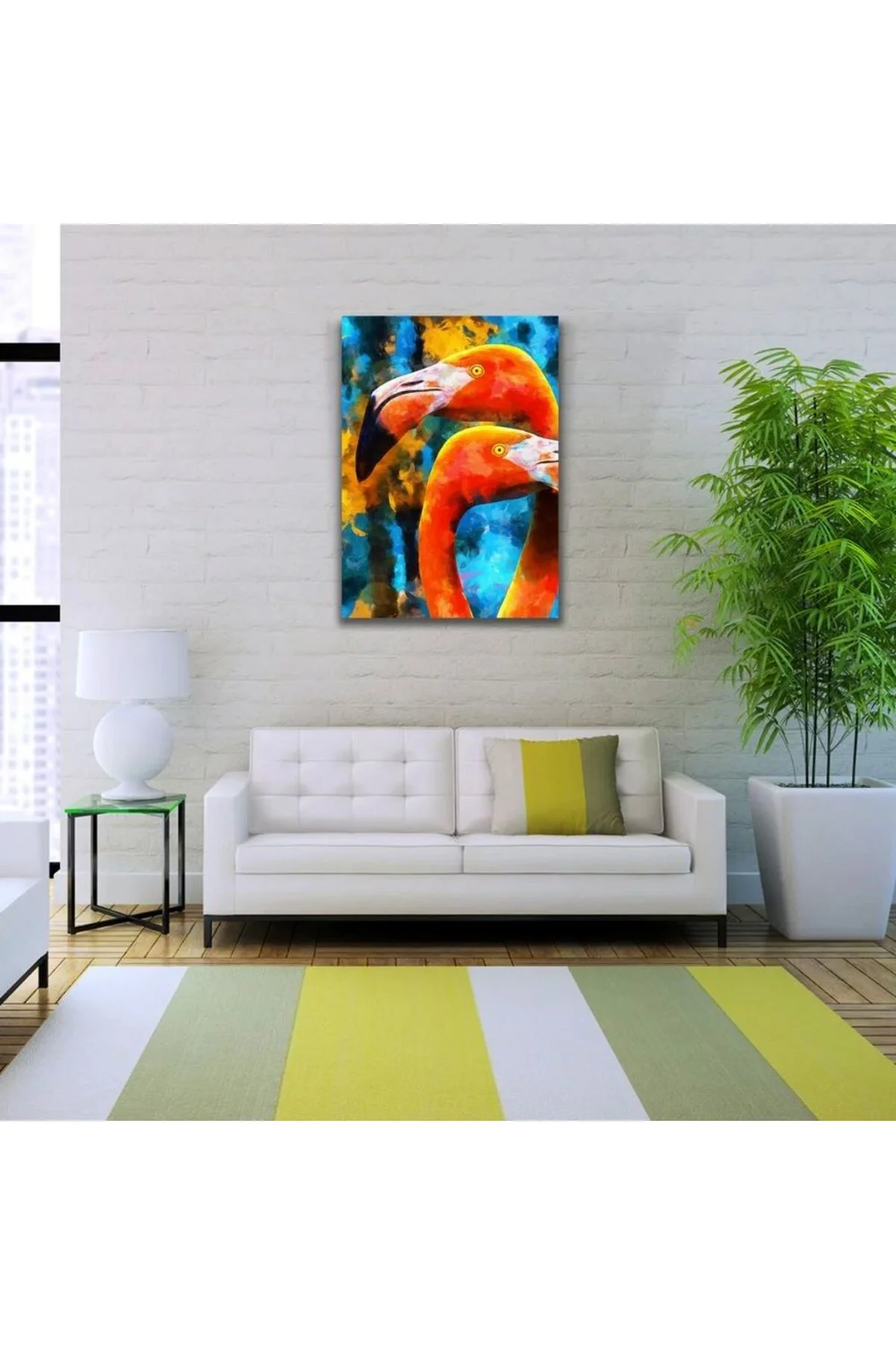 Flamingo, Turuncu ve Mavi Tonlarda Suluboya Tekniğinde Kanvas Tablo 50 x 70