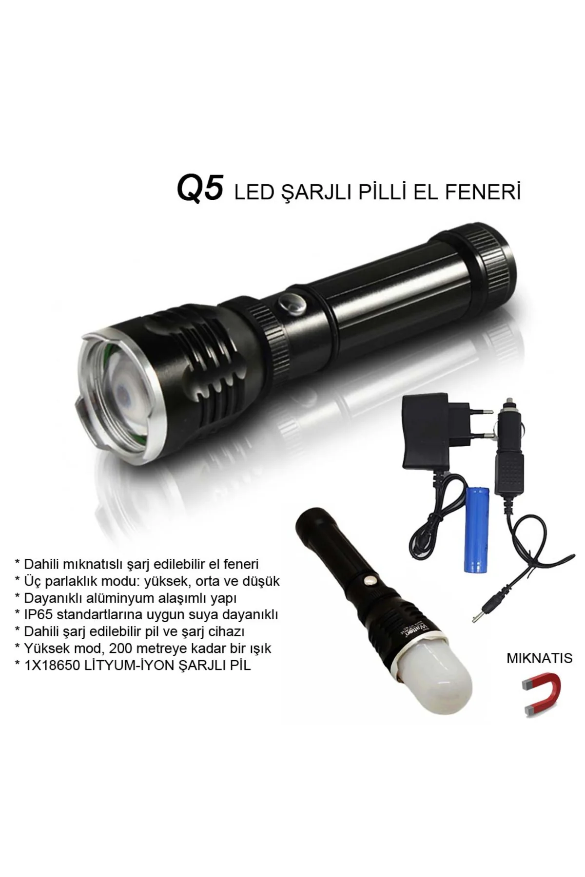 Flaşörlü Uzun Mesafeli Şarjlı Pilli Mıknatıslı EL Feneri Watton W