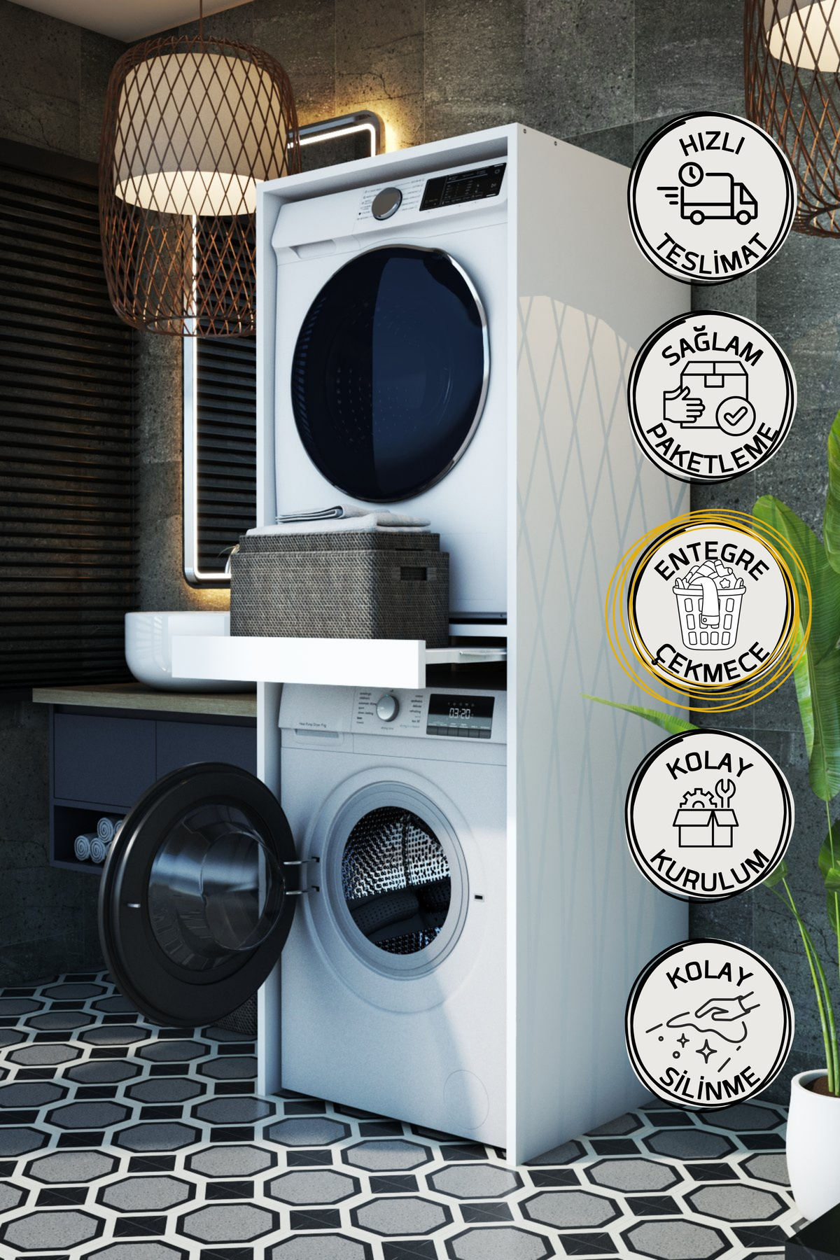 Flora Çekmeceli Çamaşır Ve Kurutma Makinesi Dolabı